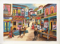 OUT WEST Signierte Lithographie, Nostalgische Wild West Townes Szene, Cowboys