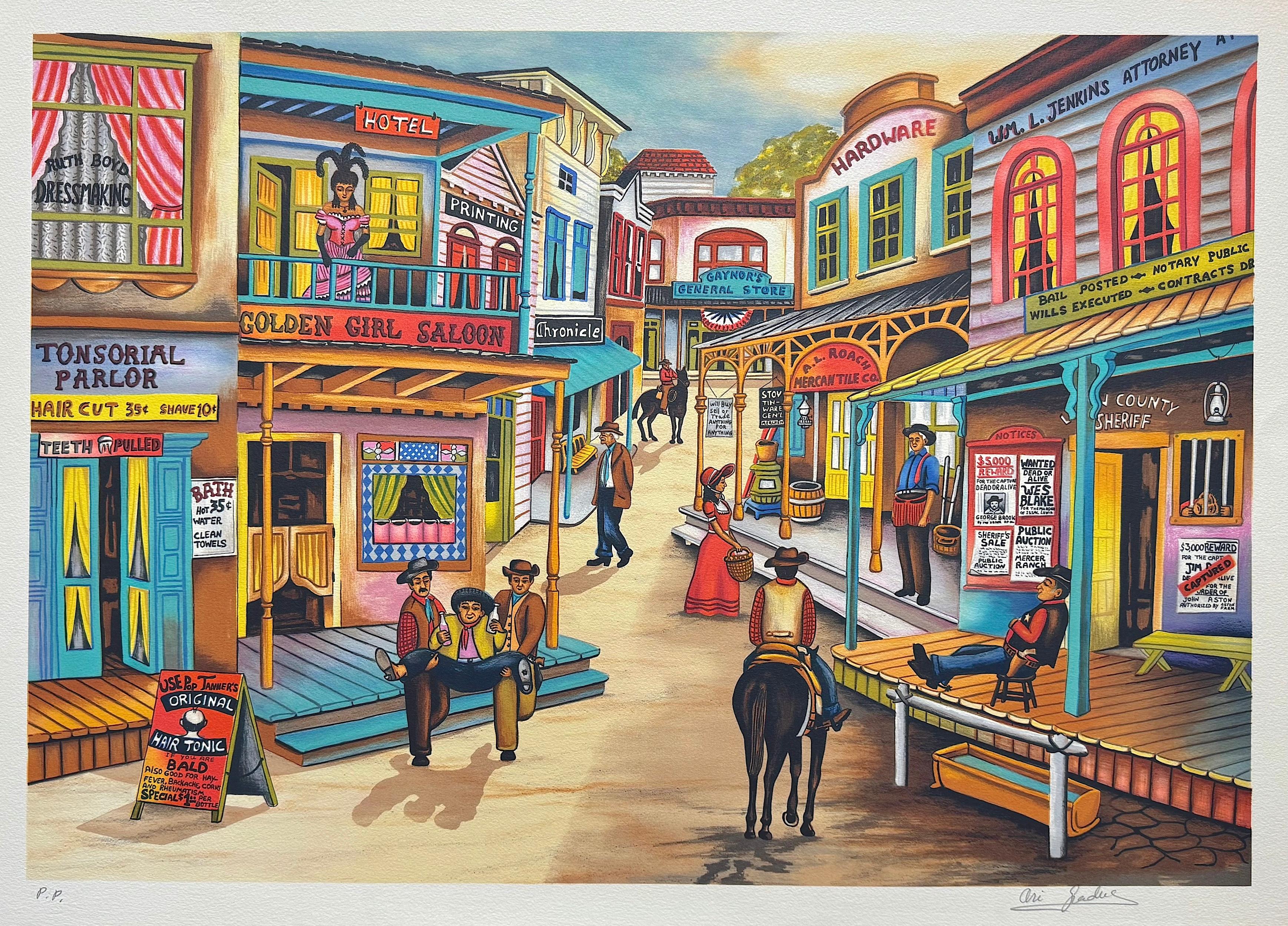 Ari Gradus Landscape Print - OUT WEST Signed Lithograph, Nostalgic Wild West Town Scene, Cowboys