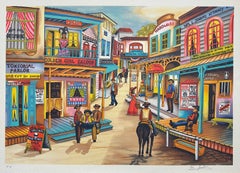 OUT WEST Lithographie signée, Scène de ville nostalgique du Far West, Cowboys