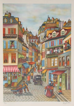 Vintage Parisian Morning, Folk Art Lithograph by Ari Gradus