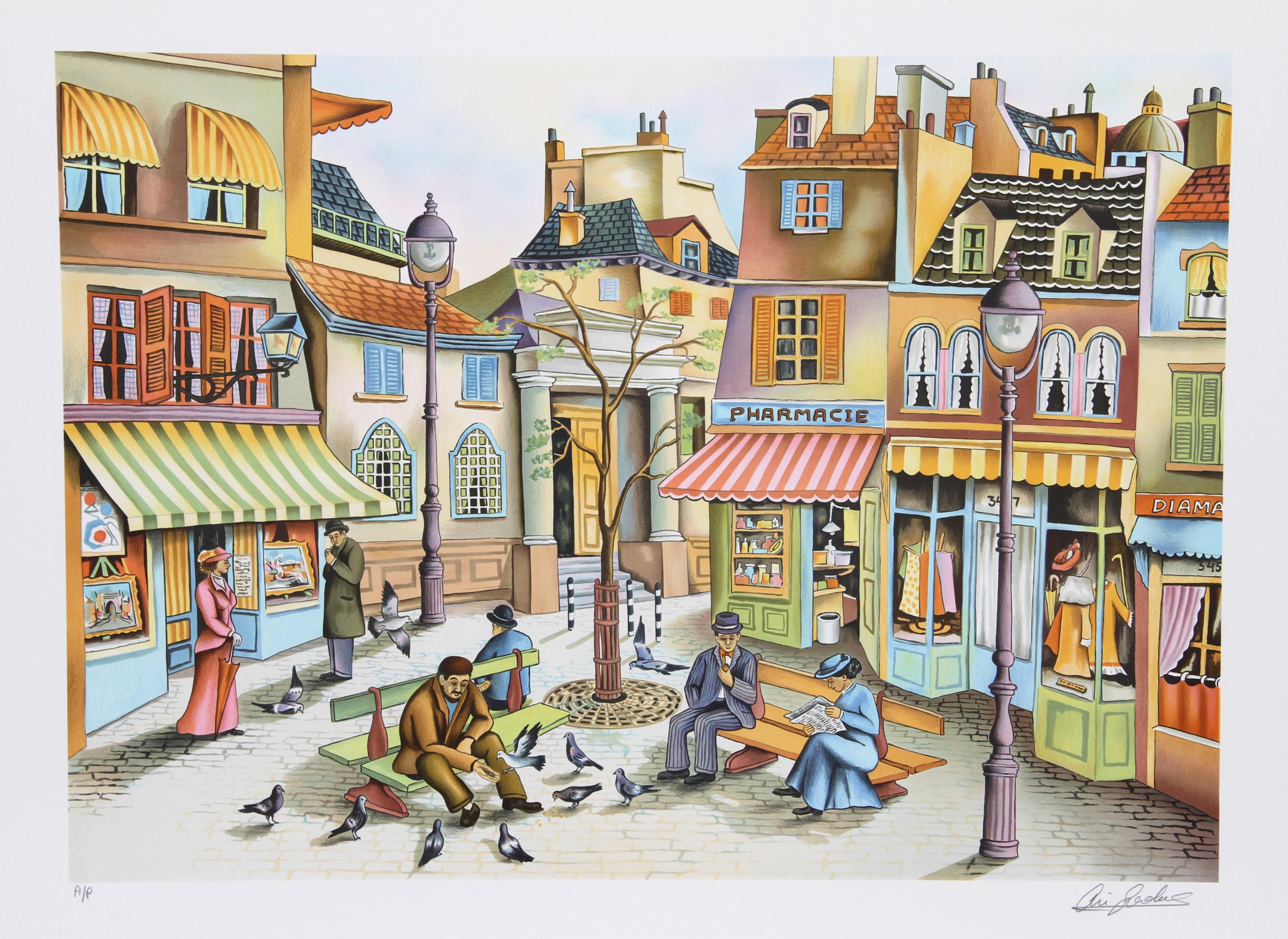 Ari Gradus, israelí (1943 - ) - Alimentador de palomas, Año:  1980, Medio:  Litografía, Firmada  y numerada a lápiz, Edición:  AP, Tamaño de la imagen:  26 x 18 pulgadas, Tamaño:  55,88 cm x 76,2 cm, Descripción:  La vibrante representación de Ari