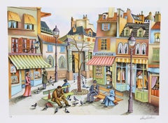 Vintage Pigeon Feeder, Folk Art Lithograph by Ari Gradus