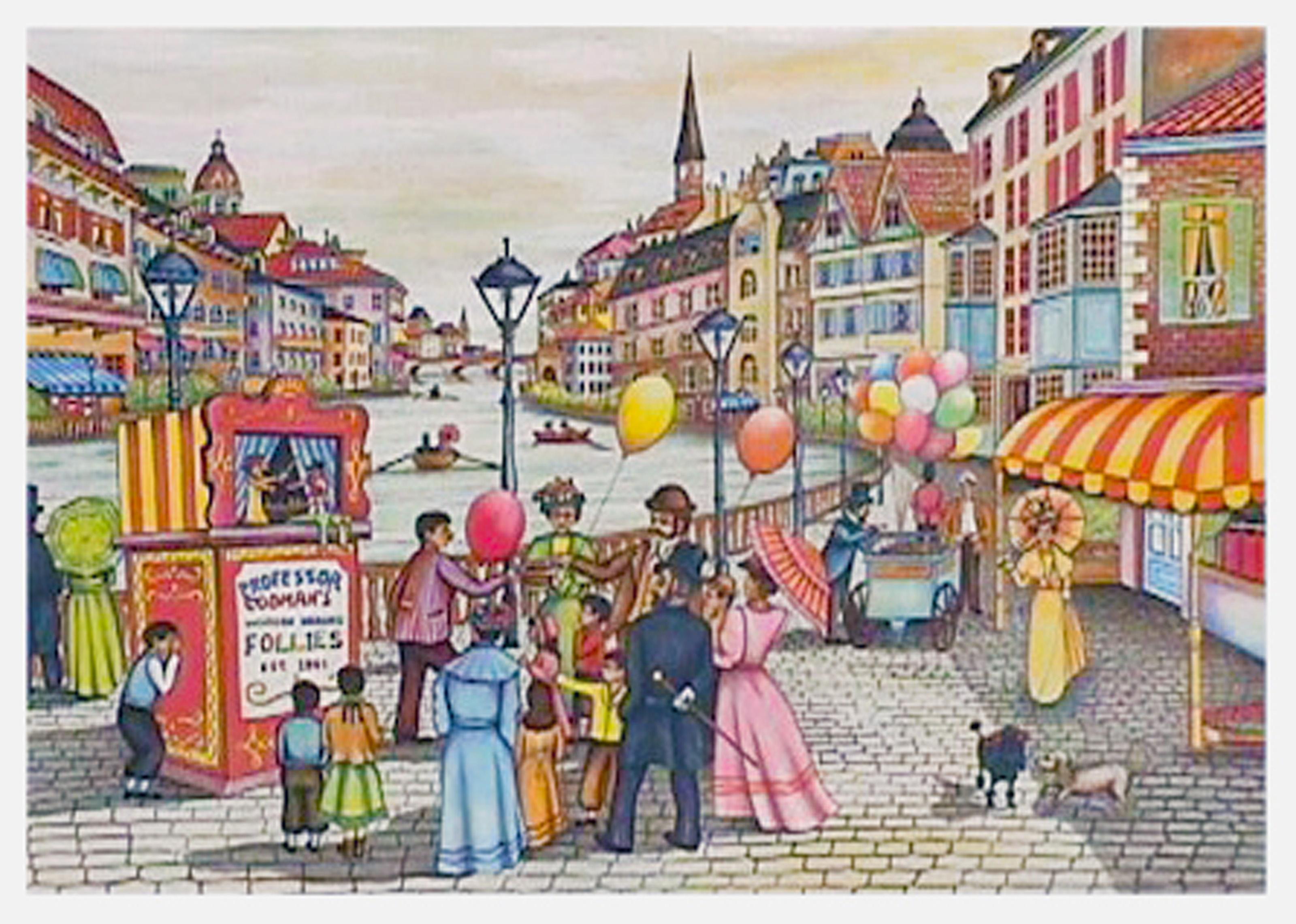 Ari Gradus, israelí (1943 - ) - Espectáculo de marionetas, Año:  1980, Medio:  Litografía, firmada a lápiz, Edición:  AP, Talla:  55,88 cm x 76,2 cm, Descripción:  Situado en la calle de ladrillo junto a la orilla del río, un espectáculo de