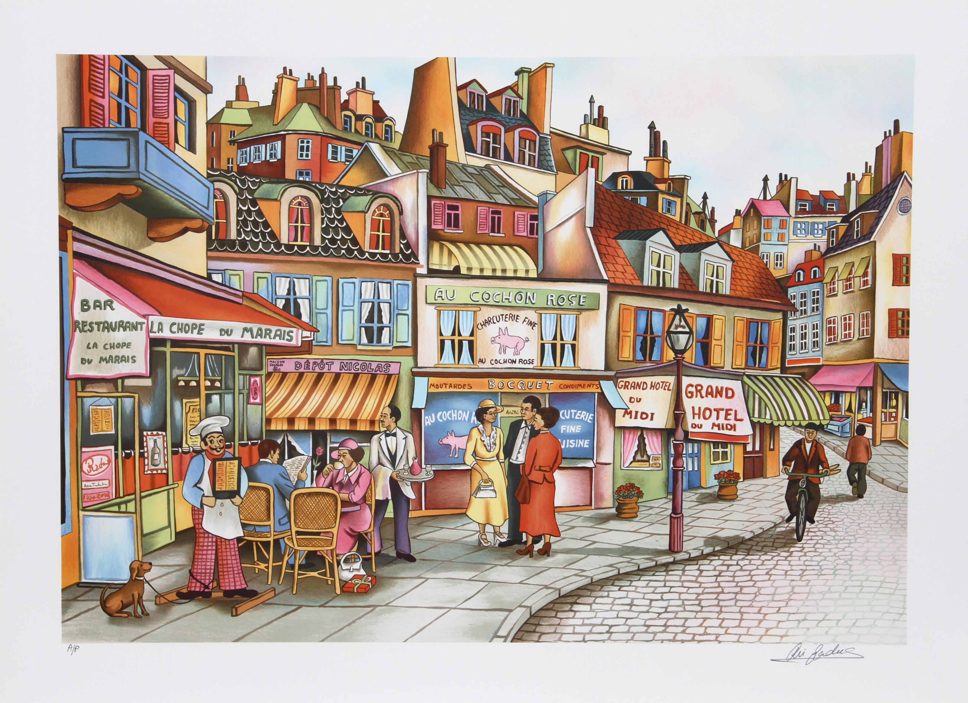 Ari Gradus, israelí (1943 - ) - Sidewalk Cafe, Año:  1980, Medio:  Litografía, firmada y numerada a lápiz, Edición:  245, AP, Tamaño de la imagen:  18 x 26 pulgadas, Tamaño:  55,88 cm x 76,2 cm, Descripción:  La representación de Ari Gradus de una