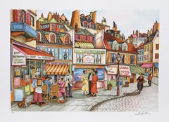Vintage Sidewalk Cafe, Folk Art Lithograph by Ari Gradus