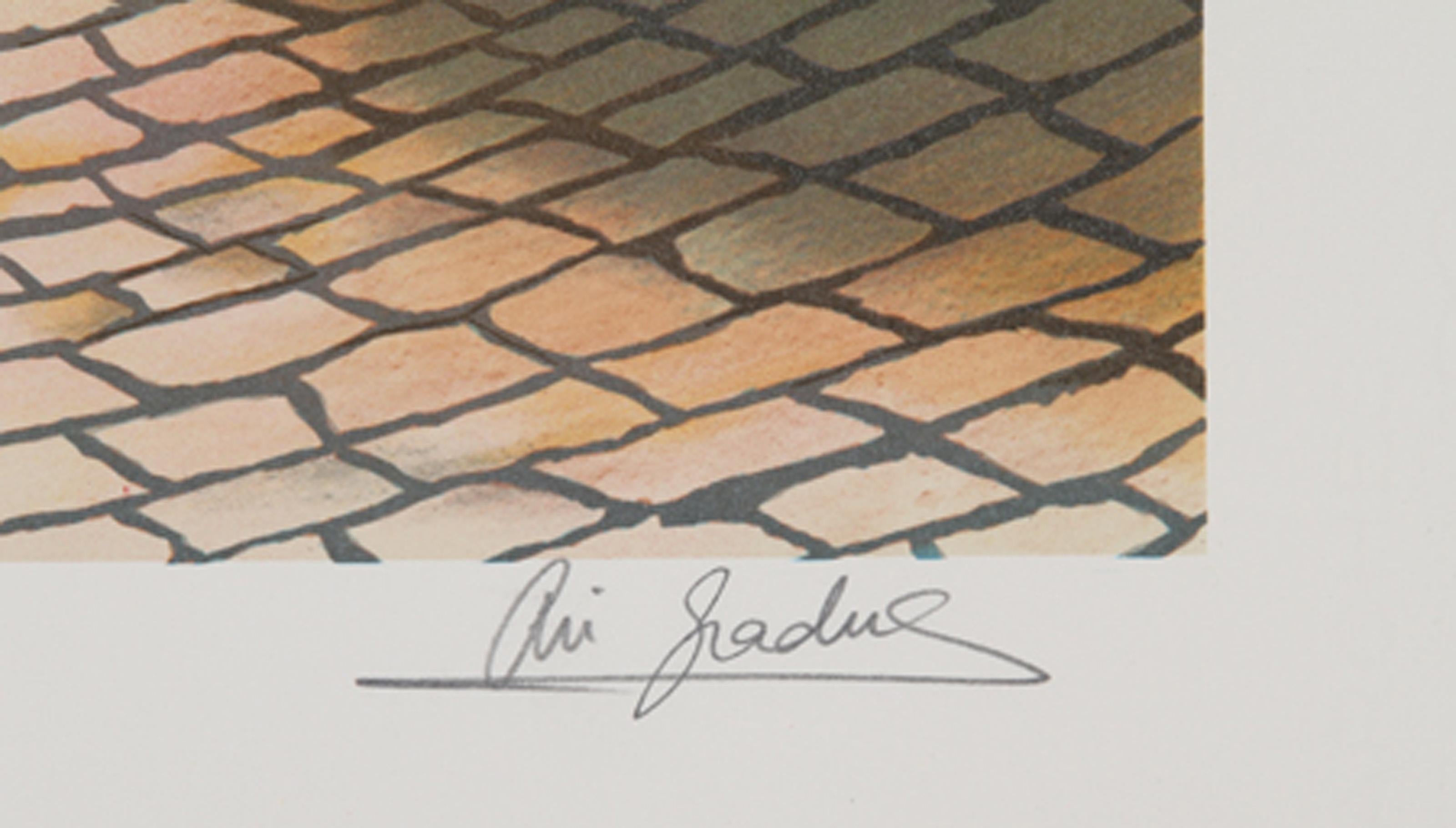 La plaza de la fuente, litografía de arte popular de Ari Gradus en venta 1