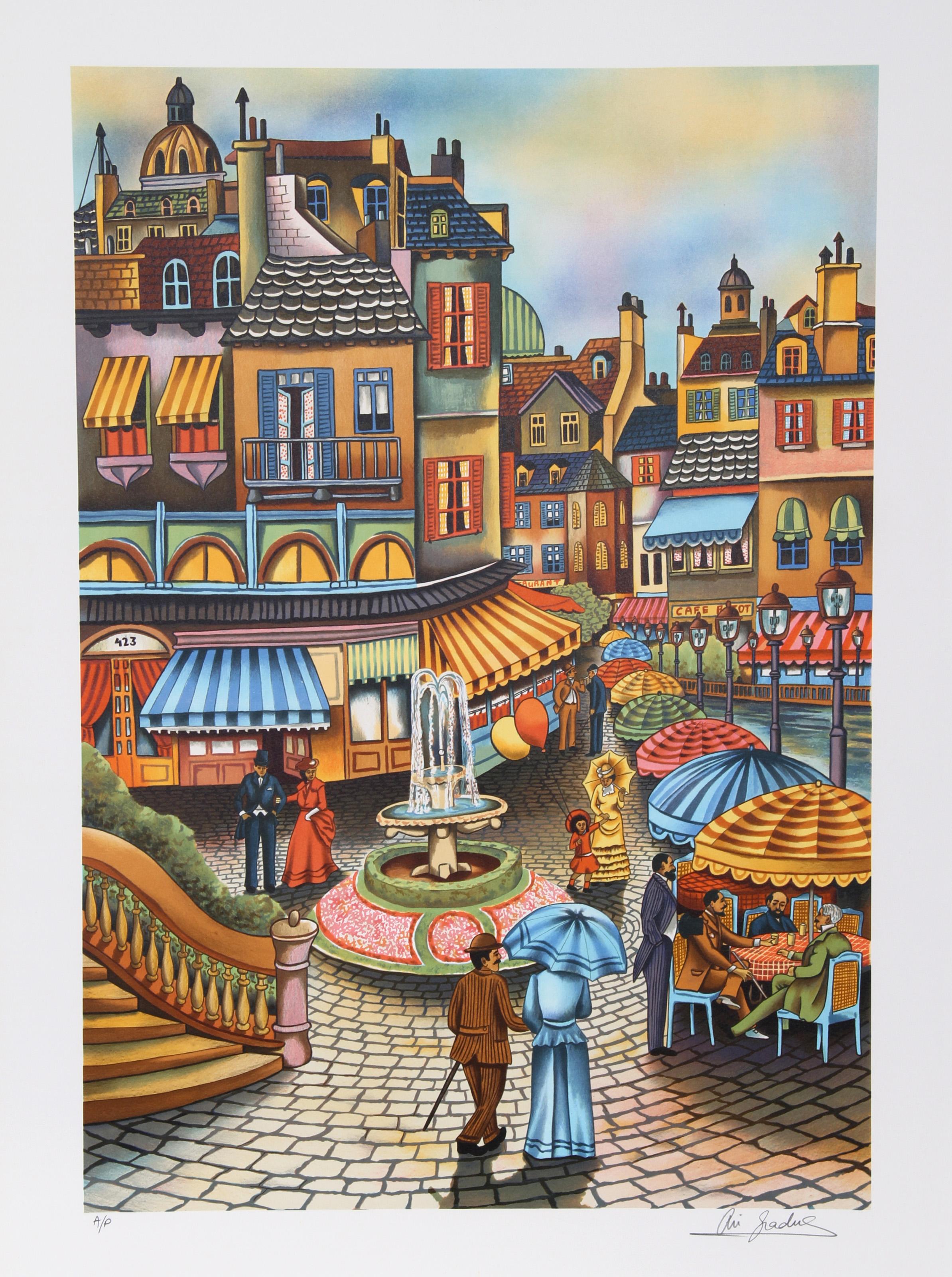 Ari Gradus, israelí (1943 - ) - Plaza de la Fuente, Año:  1980, Medio:  Litografía, Firmada  y numerada a lápiz, Edición:  AP, Tamaño de la imagen:  26 x 18 pulgadas, Tamaño:  30 pulg. x 22 pulg. (76,2 cm x 55,88 cm), Descripción:  Impregnado de un