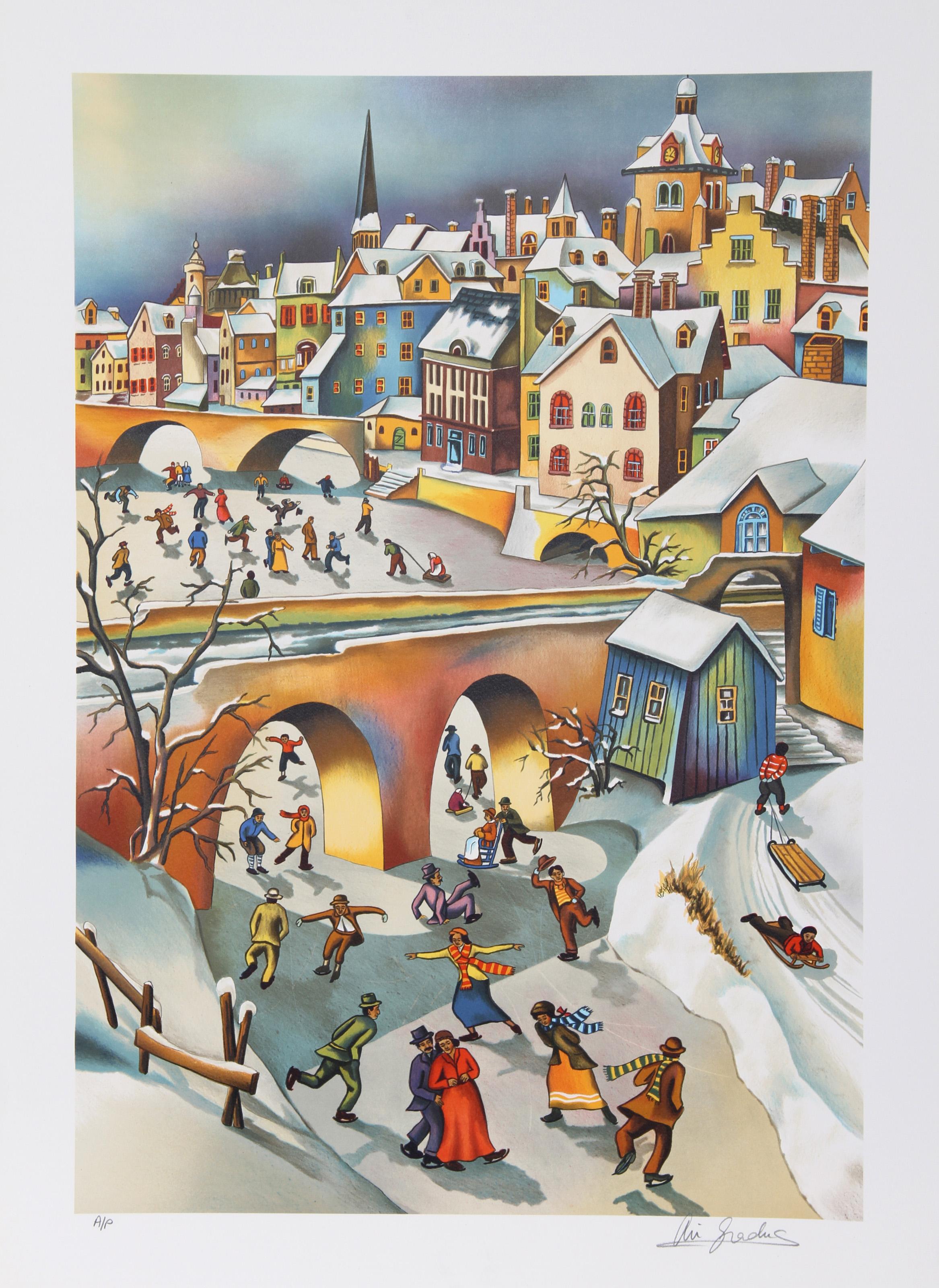 Ari Gradus, israelí (1943 - ) - Juego de Invierno, Año:  1980, Medio:  Litografía, firmada y numerada a lápiz, Edición:  AP, Tamaño de la imagen:  26 x 18 pulgadas, Tamaño:  30 pulg. x 22 pulg. (76,2 cm x 55,88 cm), Descripción:  Mientras decenas de