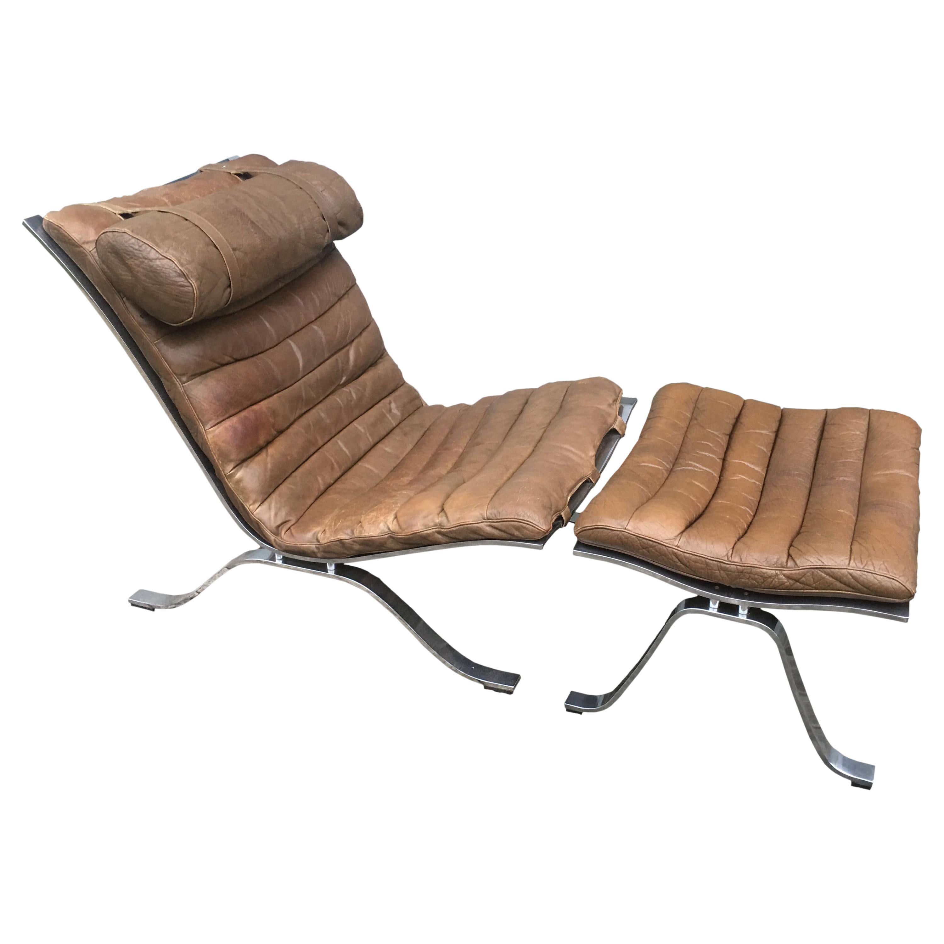 Ari Lounge Chair and Ottoman by Arne Norell in Leather and Steel