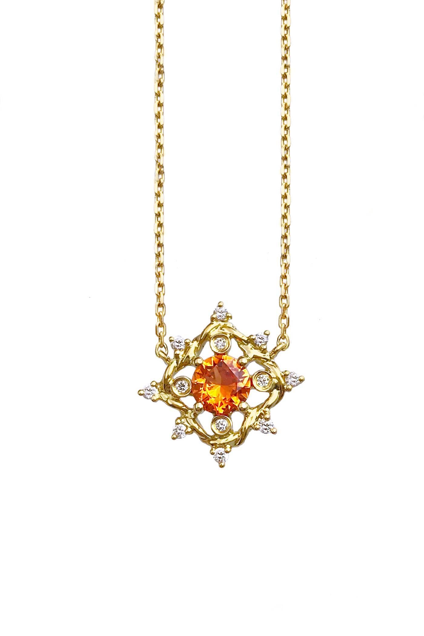 Ari Orange Sapphire and Diamond Petite Pendant Necklace in 14K Yellow Gold. Made-to-order. 

JeweLyrie's signature twist forged into a diamond shape to frame a 0.55 carat, 5mm glistening round orange sapphire with small bezel and prong set white