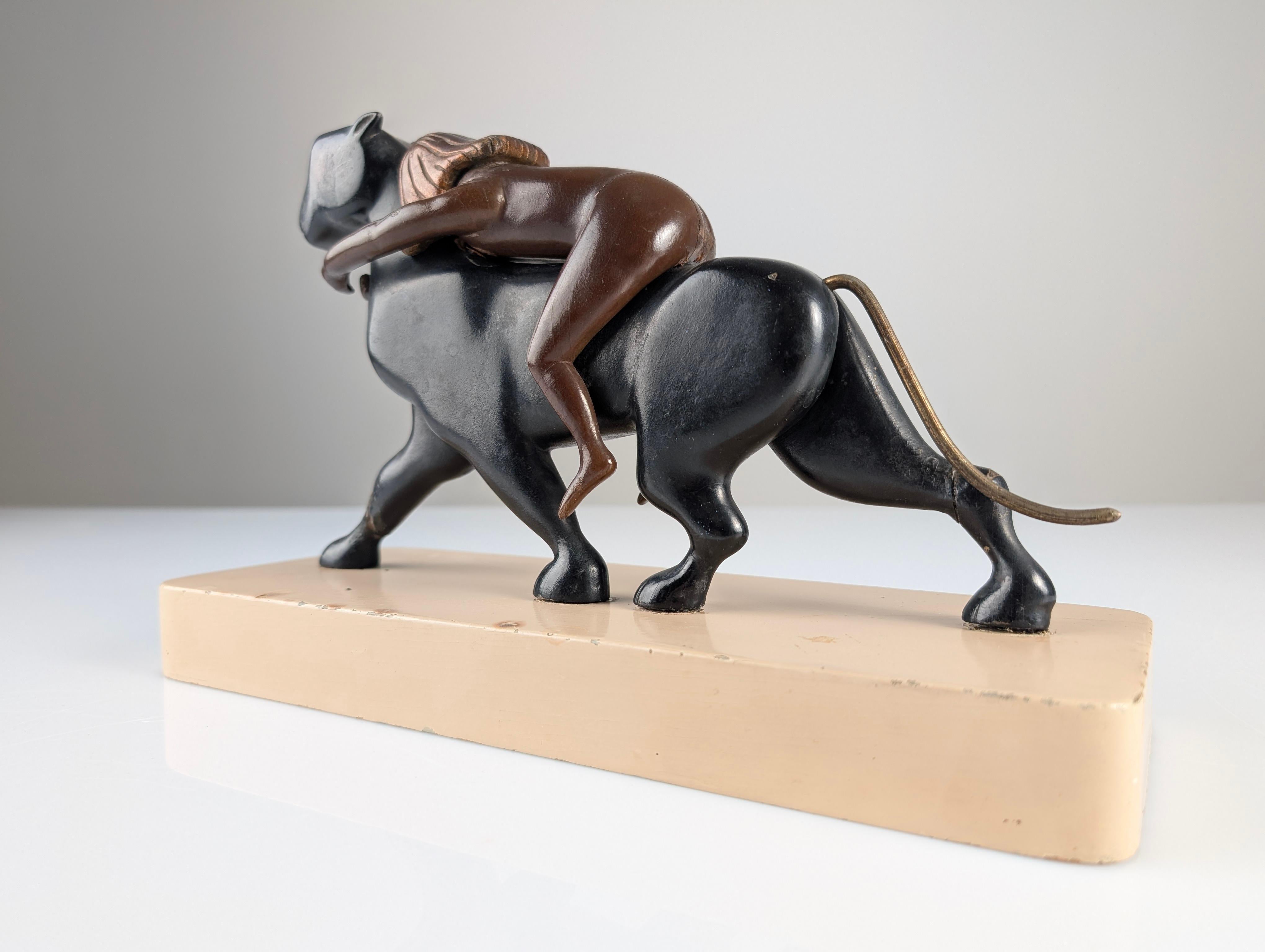 European Ariadne and the Panther, Art Deco Sculpture in Wood and Brass, 1920s For Sale