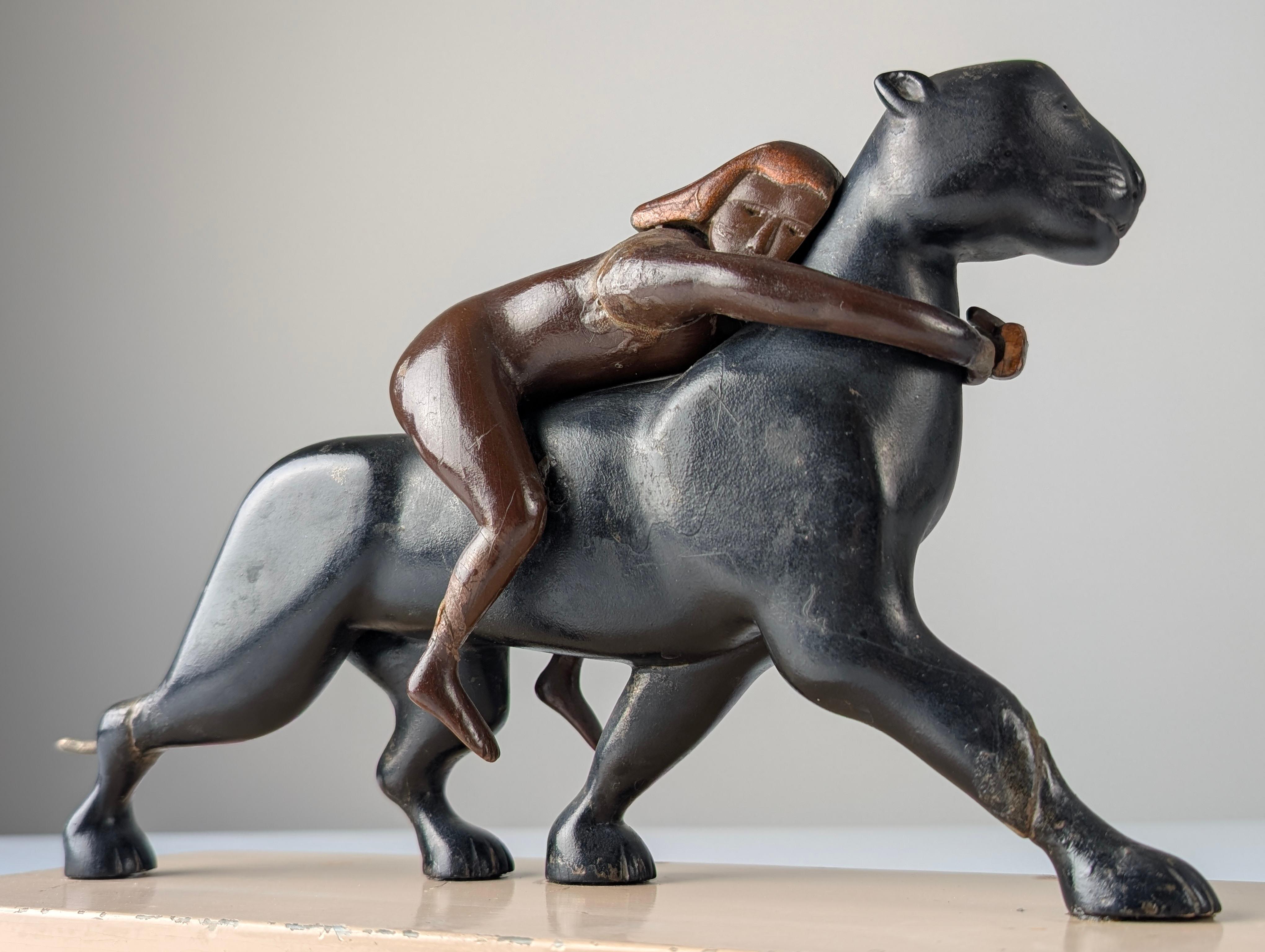 Early 20th Century Ariadne and the Panther, Art Deco Sculpture in Wood and Brass, 1920s For Sale