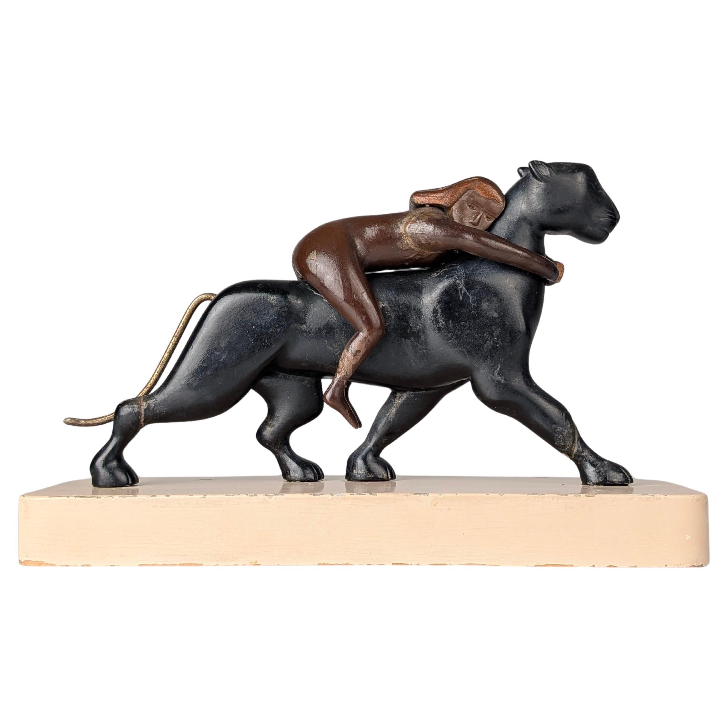 Ariadne and the Panther, Art Deco Sculpture in Wood and Brass, 1920s For Sale