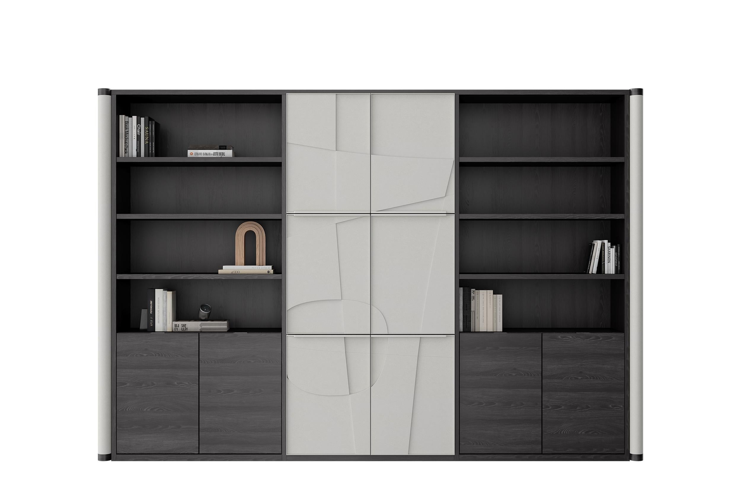Ariadne, Black and White Library Wall Units by Ultramobili
Dimensions:  W 316 x D 49 x H 230 cm
Materials: Black Oak.  

Library with artistic door facades with volumetric abstract design and rounded columns - partitions (dividing or finishing) is