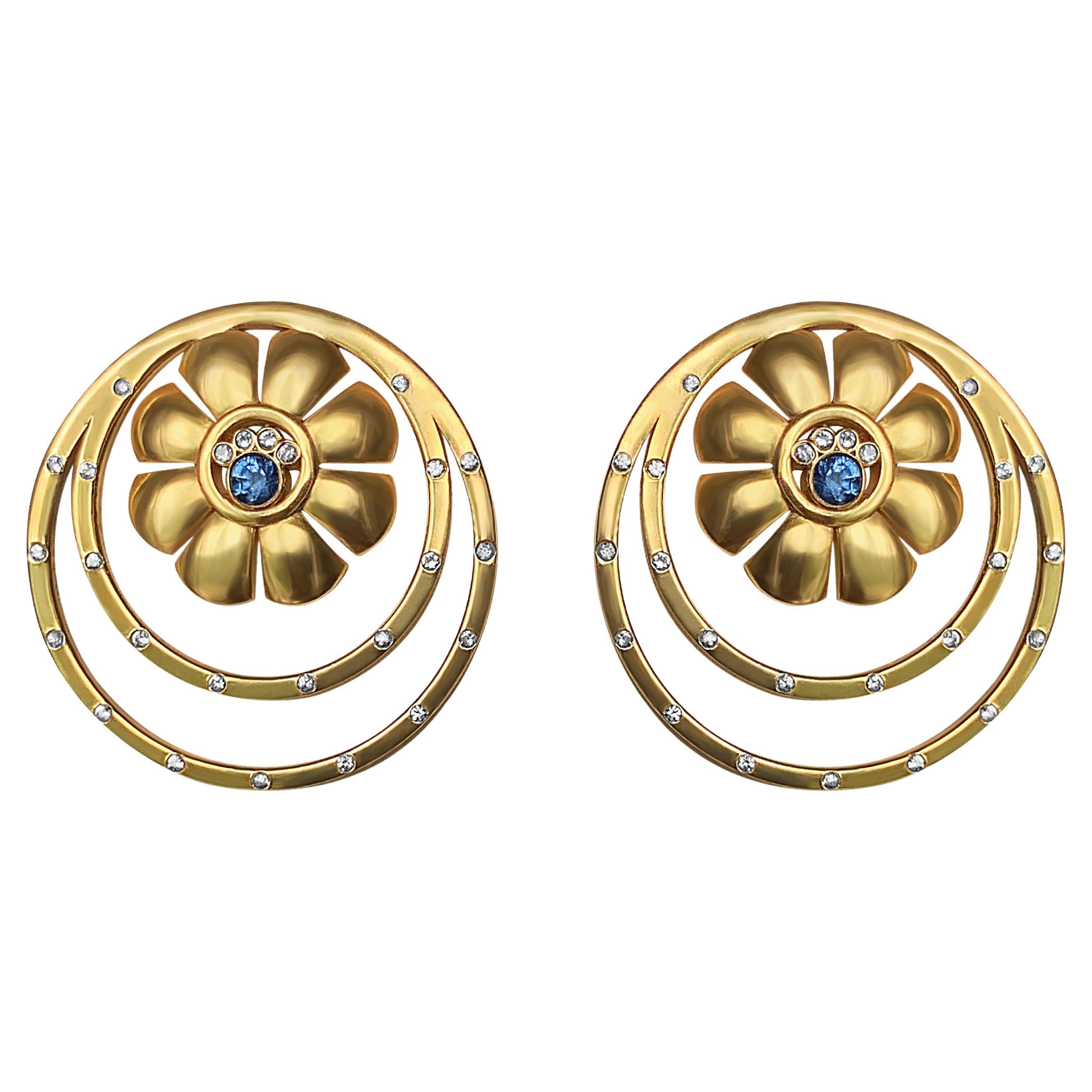 Ariadne Grecian Flower Stud Earrings with Diamonds and Sapphires