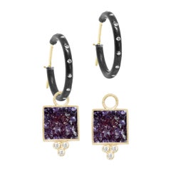 Ariana Amethyst Druzy 18 Karat Gold and Oxidized Earrings