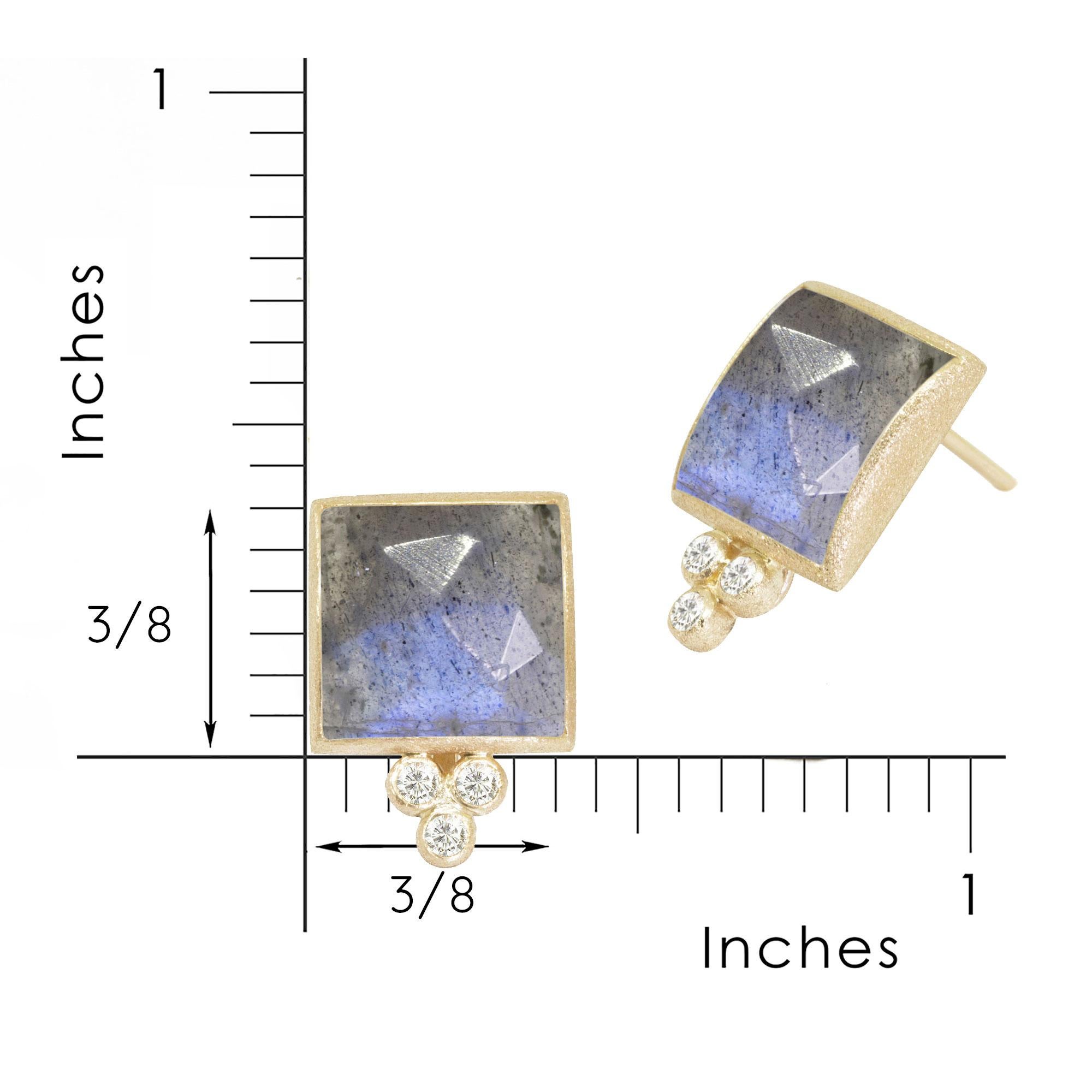 Square dance: Designed with hand-faceted labradotite framed in a textured gold, our Ariana Gold Studs add a pop of color to your everyday look, with diamond accents for some extra sparkle. 

Stone carat: 7
Diamond carat: 0.1
Stone size: 10mm

About