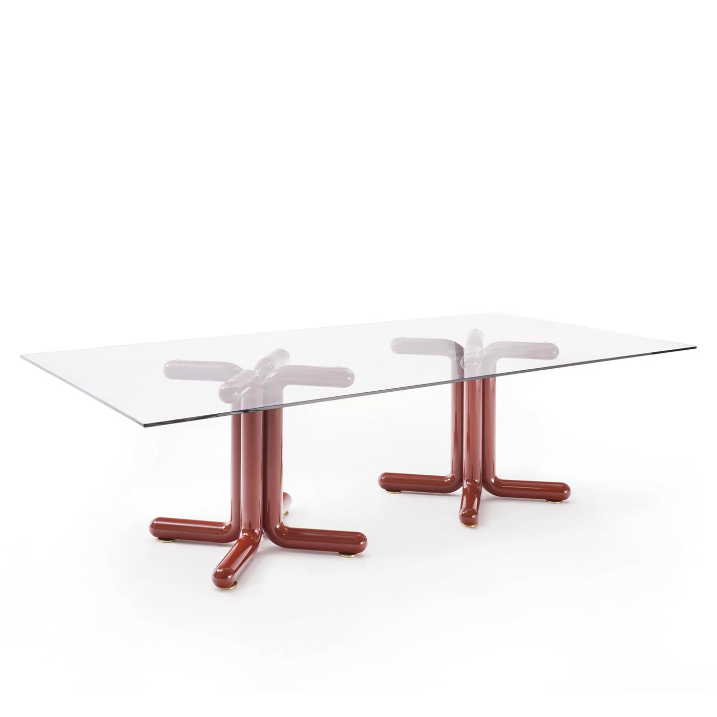 Dining Table Ariana Lacquered with 2 red lacquered wooden base.
and with clear tempered glass top, 12mm thickness. With brushed
brass feet under the base. 
Also available on request with 2 solid ash wood base in coffee stained finish.