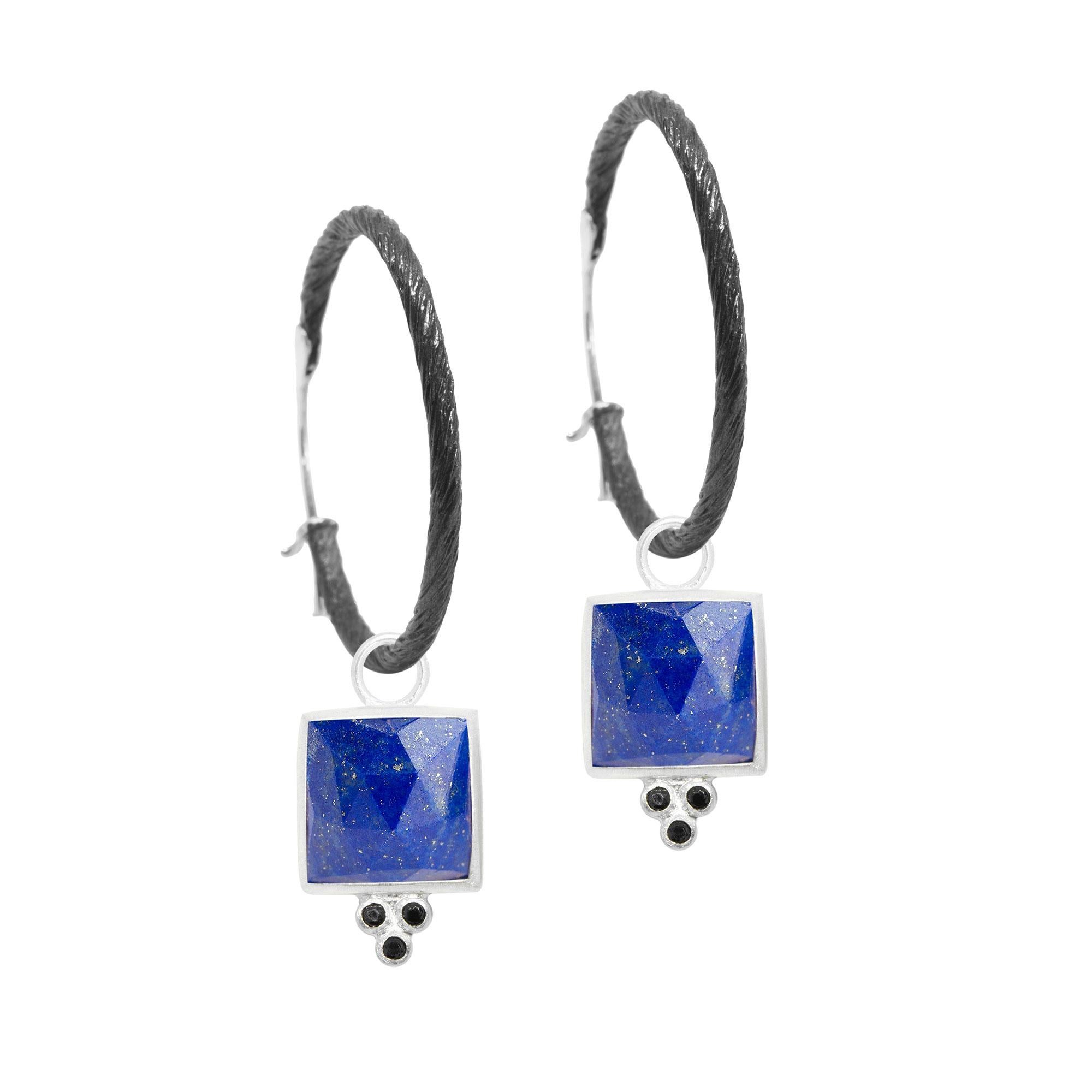 Square dance: Designed with hand-faceted lapis framed in textured matte silver, our Ariana Silver Charms pair with any of our hoops and mix well with other styles.
Nina Nguyen Design's patent-pending earrings have an element on the back of the stud