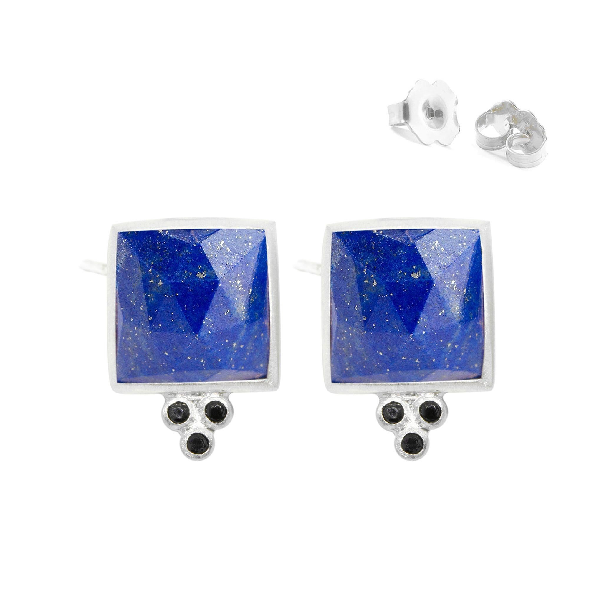Stylish Flower with Simulated Blue Lapis-Lazuli Inlaid Center .925 Sterling Silver Stud Earrings 