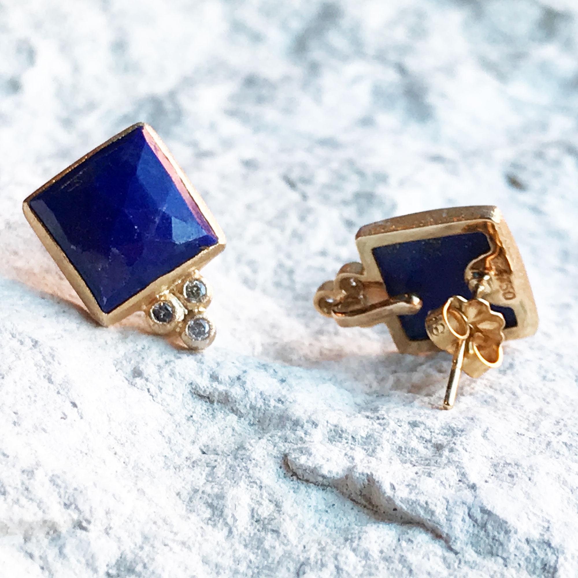 Square dance: Designed with hand-faceted lapis framed in a textured gold, our Ariana Gold Studs add a pop of color to your everyday look, with diamond accents for some extra sparkle.

Nina Nguyen Design's patent-pending earrings have an element on