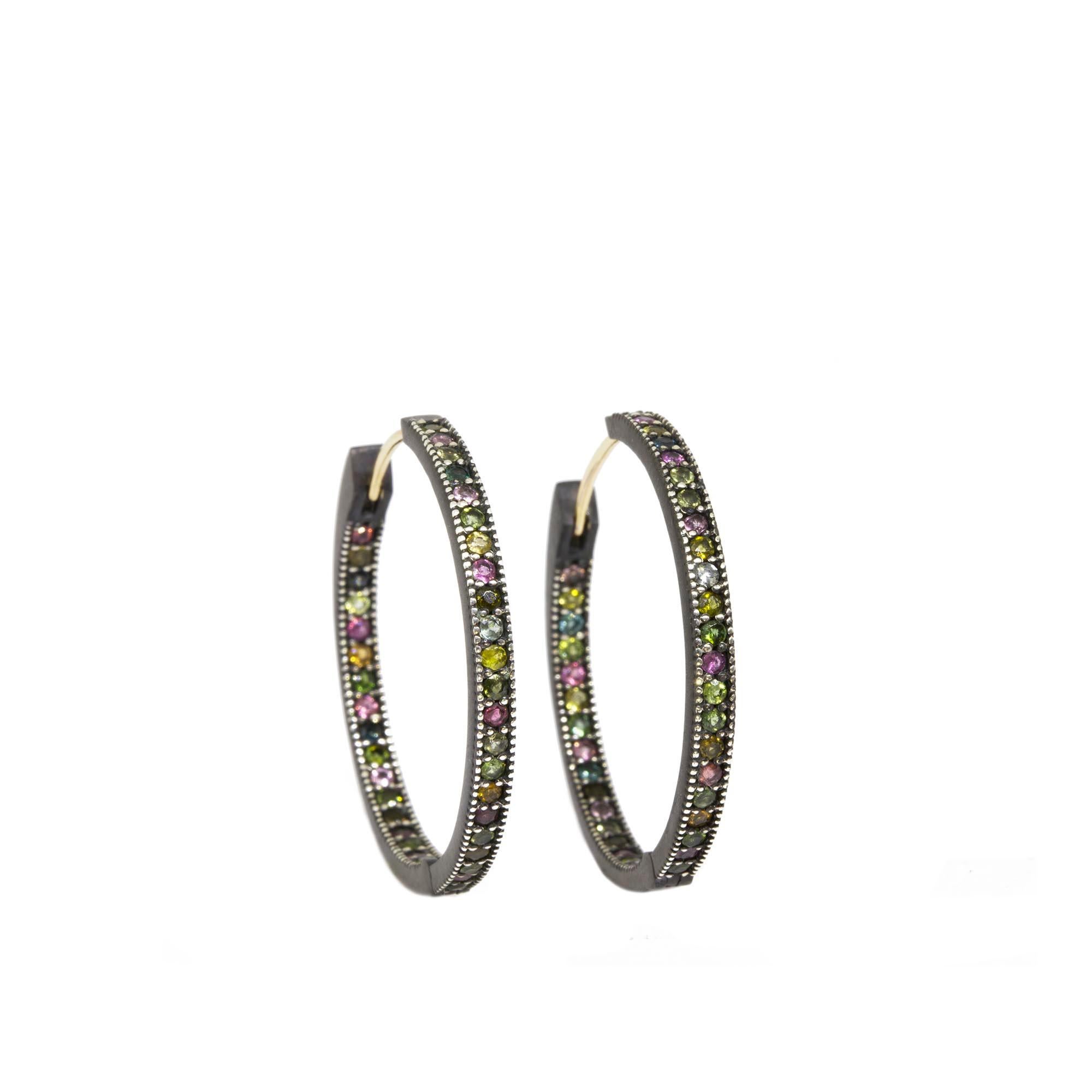 Contemporary Ariana Moonstone Charms and Intricate Tourmaline Oxidized Hoop Earrings For Sale