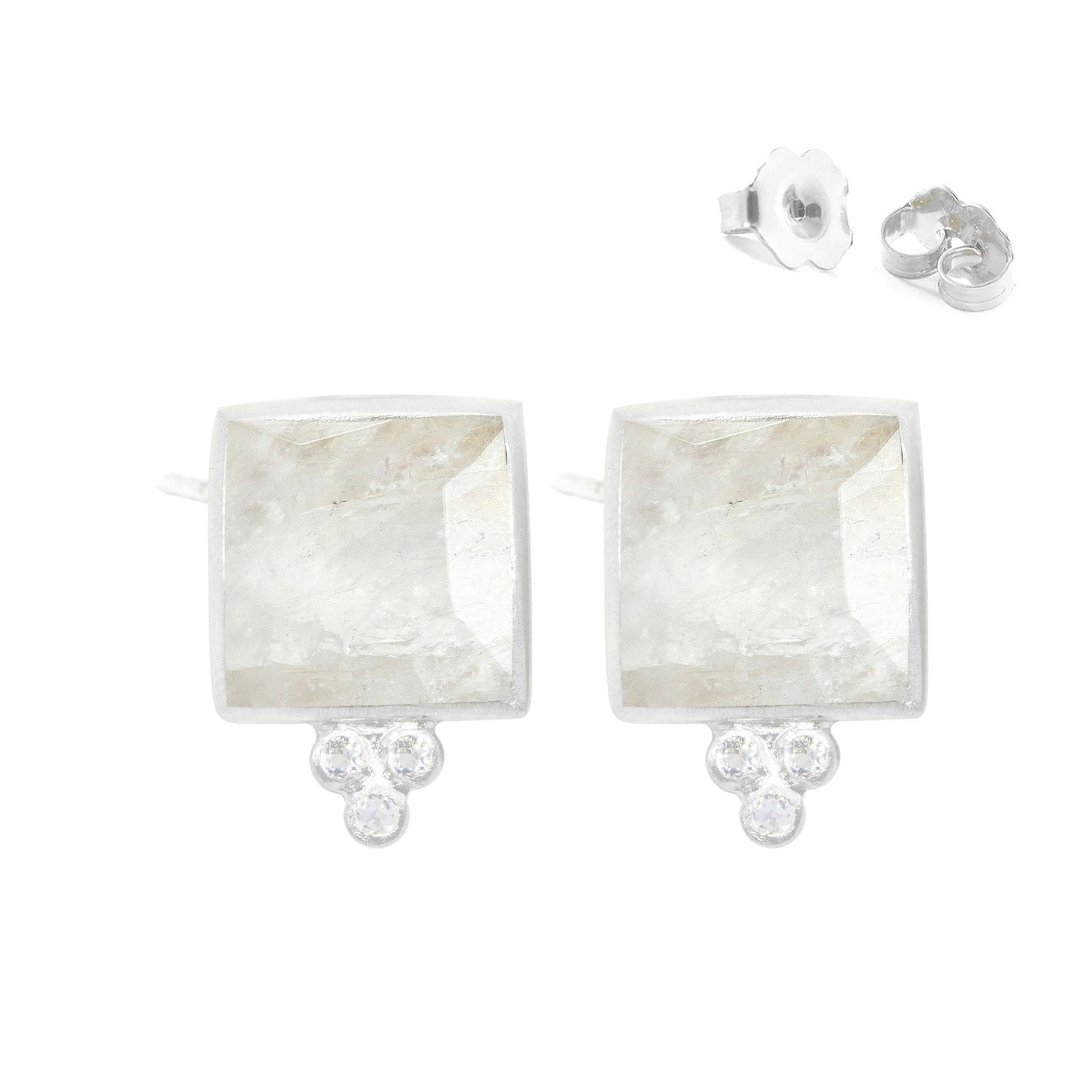 Square dance: Designed with hand-faceted moonstone framed in a textured oxidized, the Ariana Oxidized Studs go with everything in your closet.
Nina Nguyen Design's patent-pending earrings have an element on the back of the stud or charm to allow