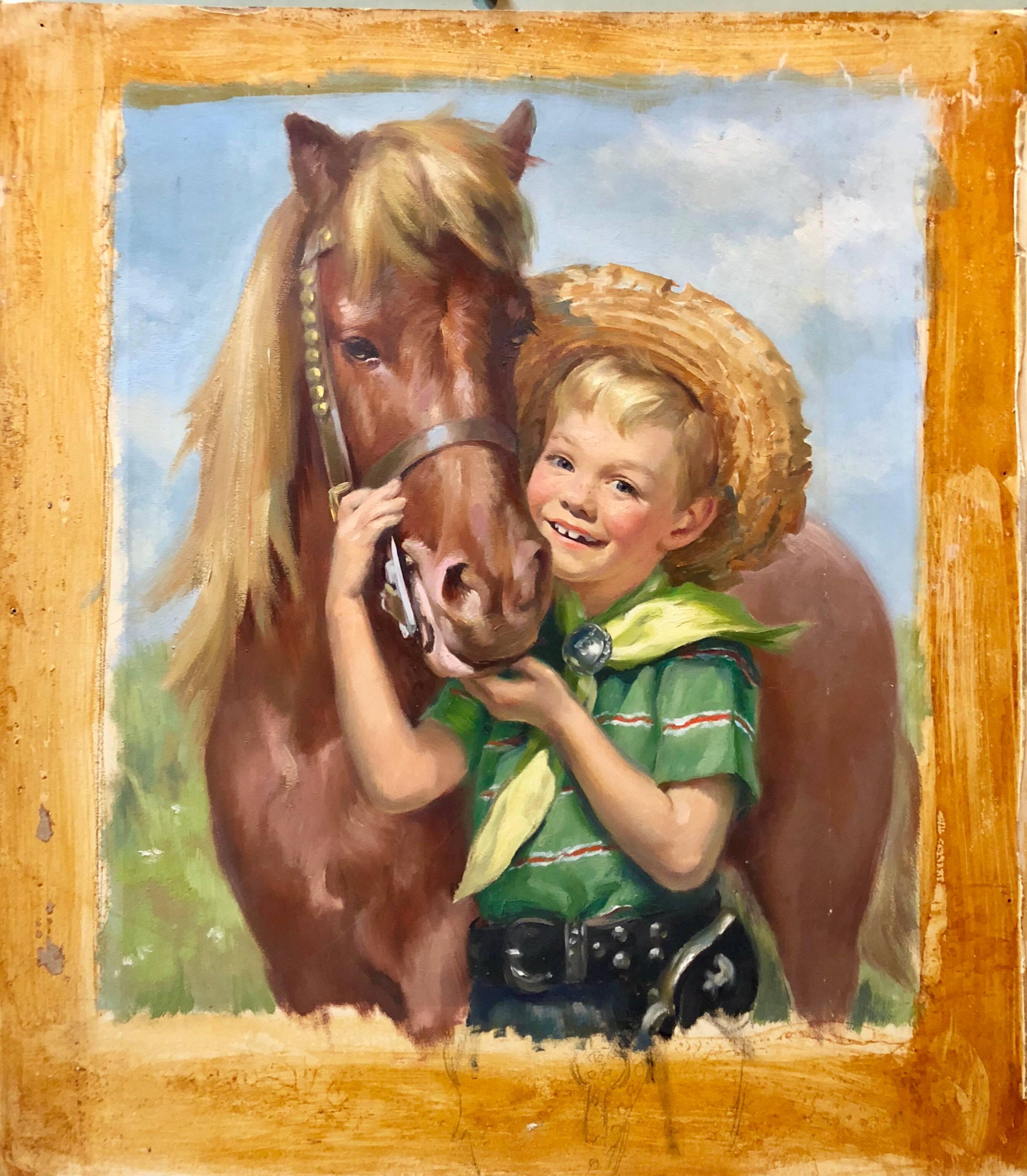 Original-Vintage-Illustration, Junge mit Pferd, Ölgemälde Americana – Painting von Ariane Beigneux