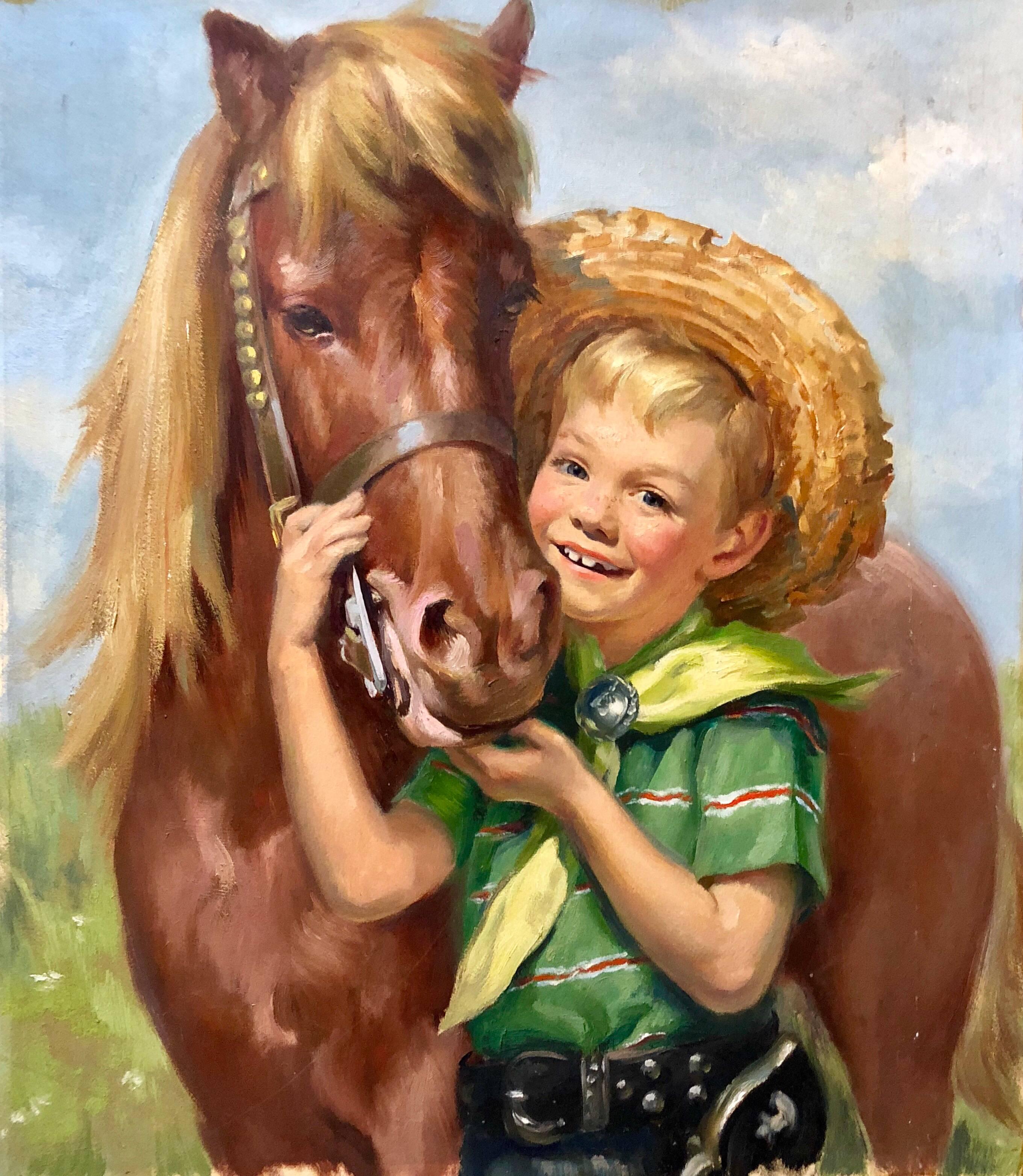 Original-Vintage-Illustration, Junge mit Pferd, Ölgemälde Americana
