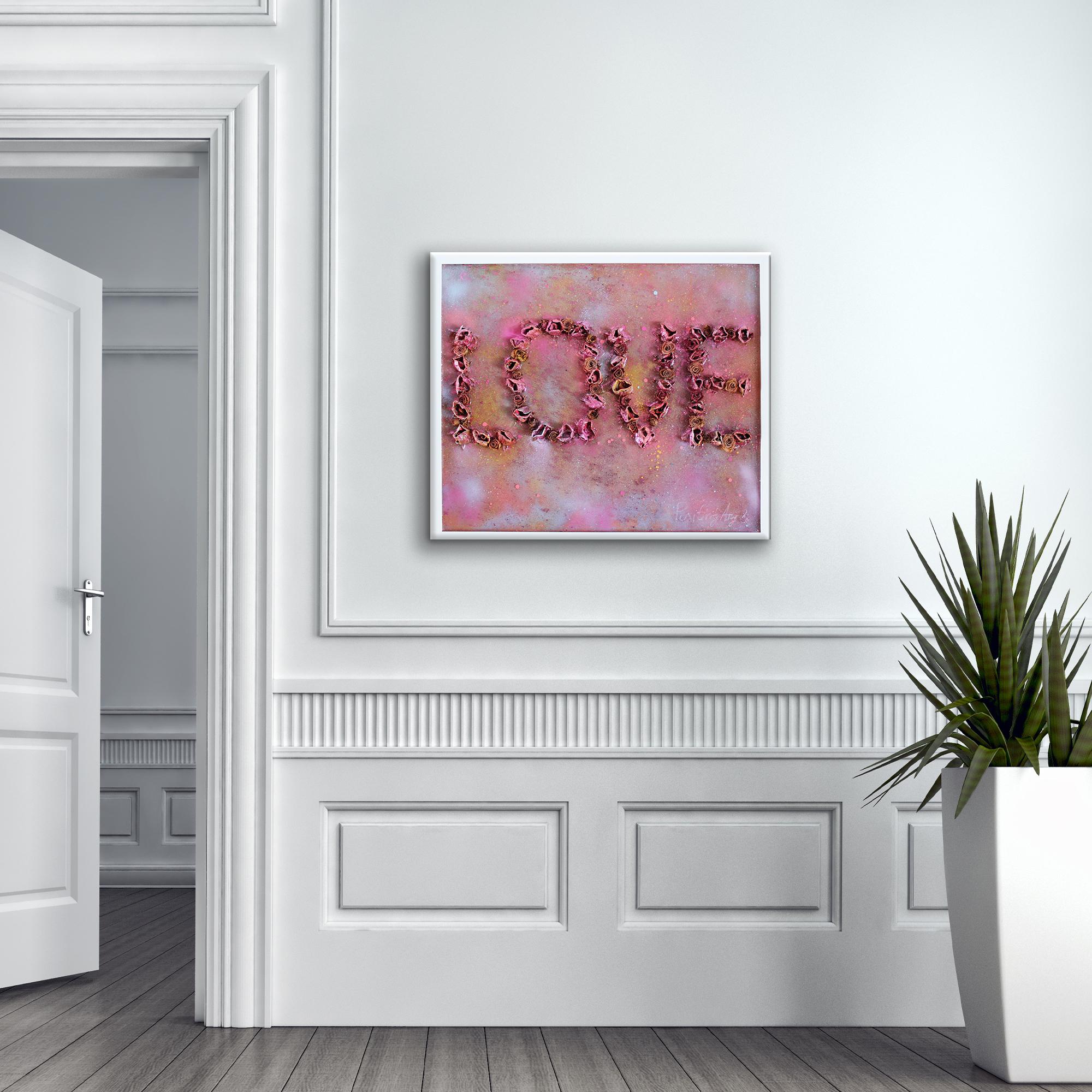 'Love 1.3' Framed Board Original Pop Art features dried rosebuds forming the word 