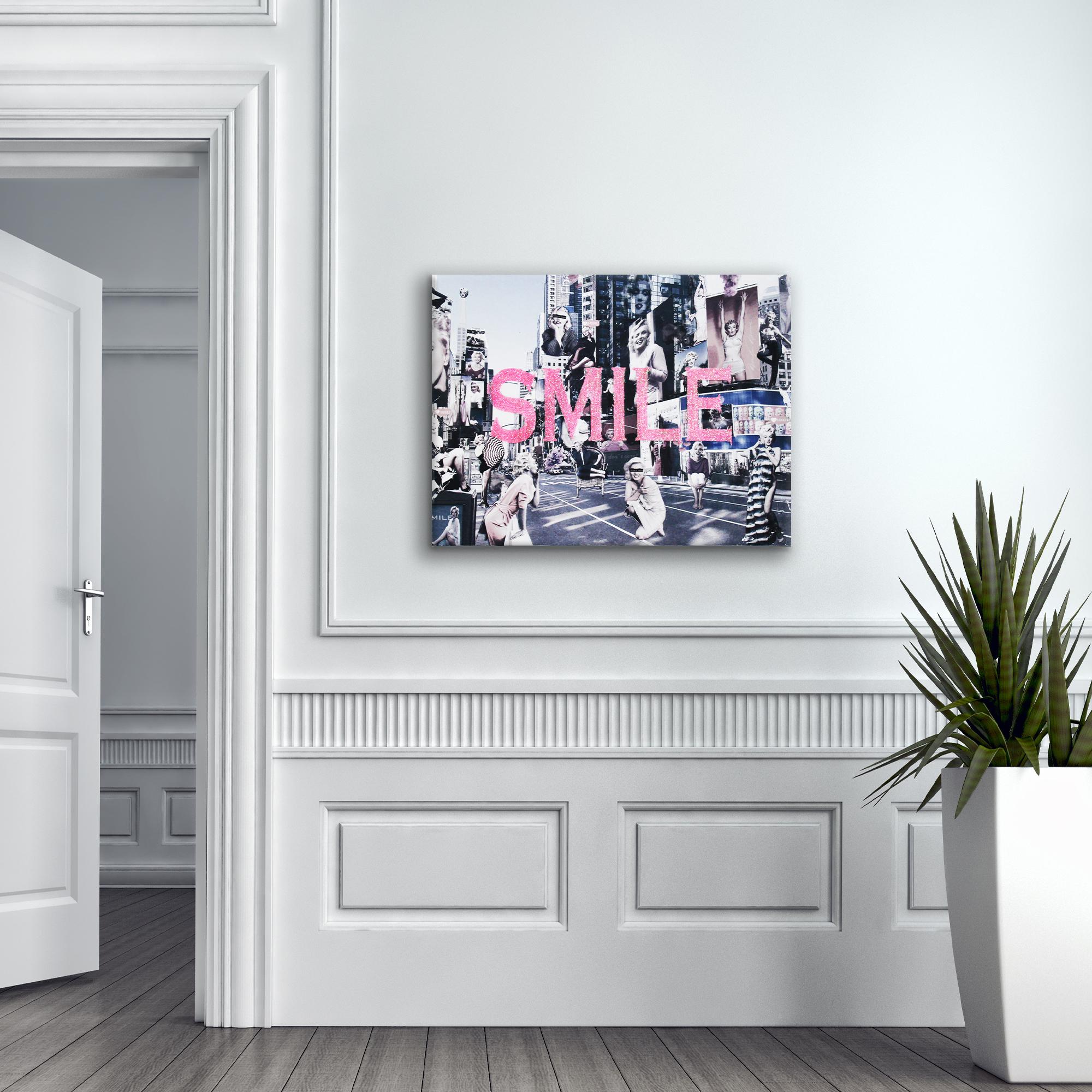 'Smile' Mixed Media Wrapped Canvas features a black and white cityscape with images of Marilyn Monroe and the text 
