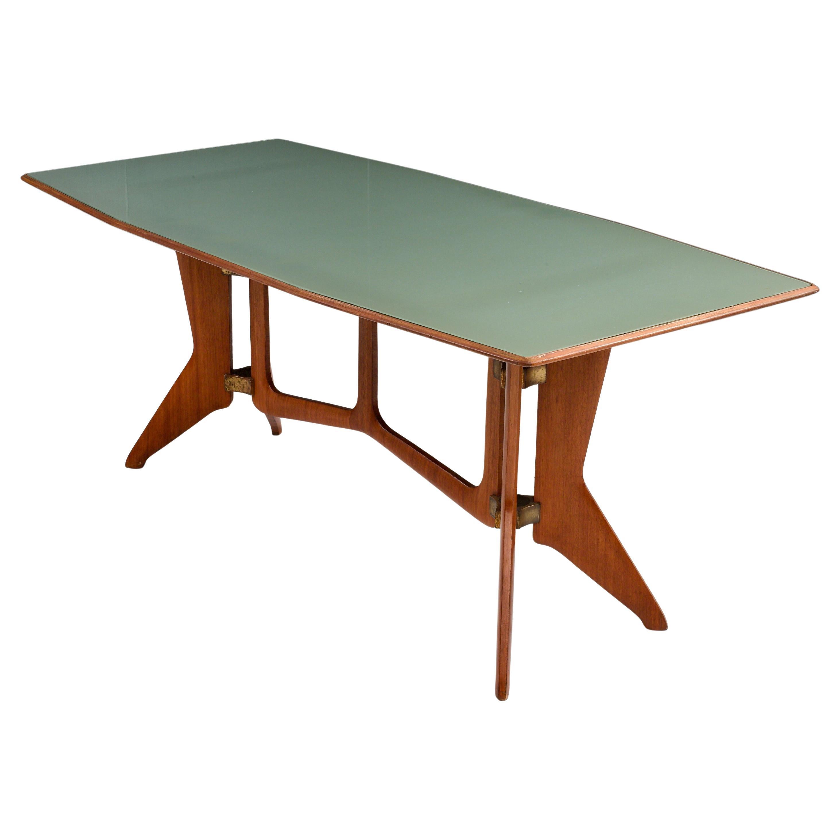 Ariberto Colombo Dining Room Table in Walnut, Glass and Brass, Italy, 1950
s For Sale