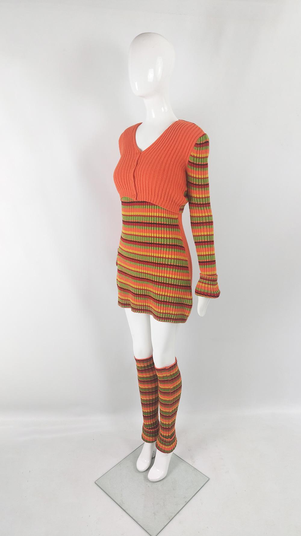 Aridza Bross Vintage Y2K 3 Piece Knit Dress Cardigan & Legwarmers Set, 2000s In Excellent Condition In Doncaster, South Yorkshire