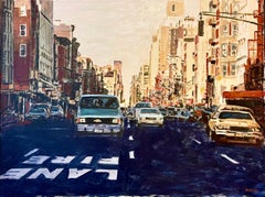 Vintage Arie Azene Israeli Photo Realist Oil Painting Manhattan New York Street Scene