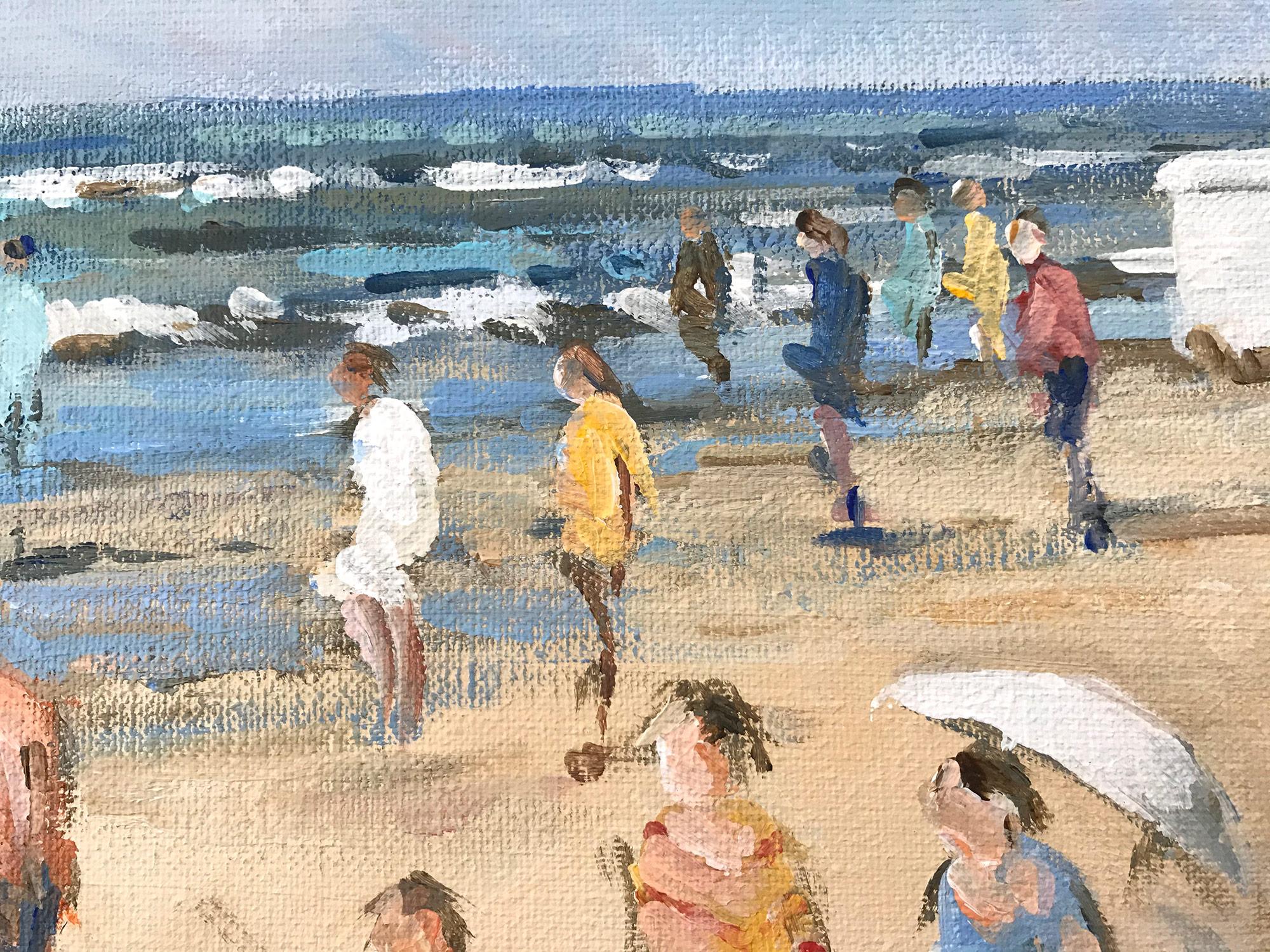 A wonderfully rich beach scene done in Zandvoort Holland in the Mid-20th Century depicting figures in the sand. Some figures are by the water as kids play in the distance. The impressionist details are greatly admired as Arie van Noort is considered