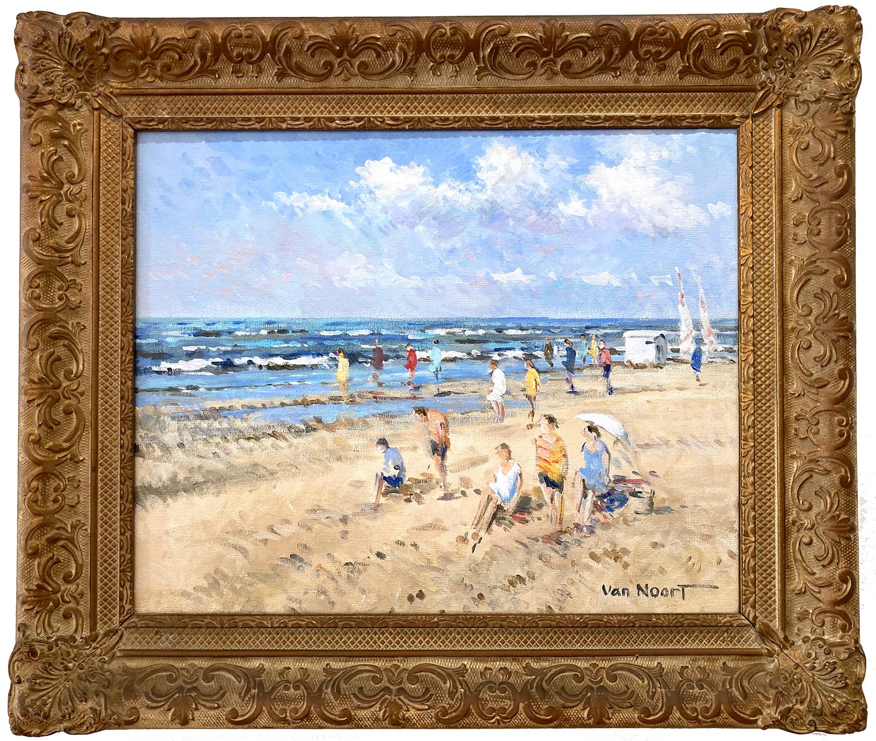 Landscape Painting Arie C. Van Noort - "Zandvoort Holland" Peinture à l'huile impressionniste sur toile - Scène de plage et personnages