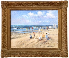 Retro "Zandvoort Holland" Impressionistic Oil Painting on Canvas Beach Scene & Figures