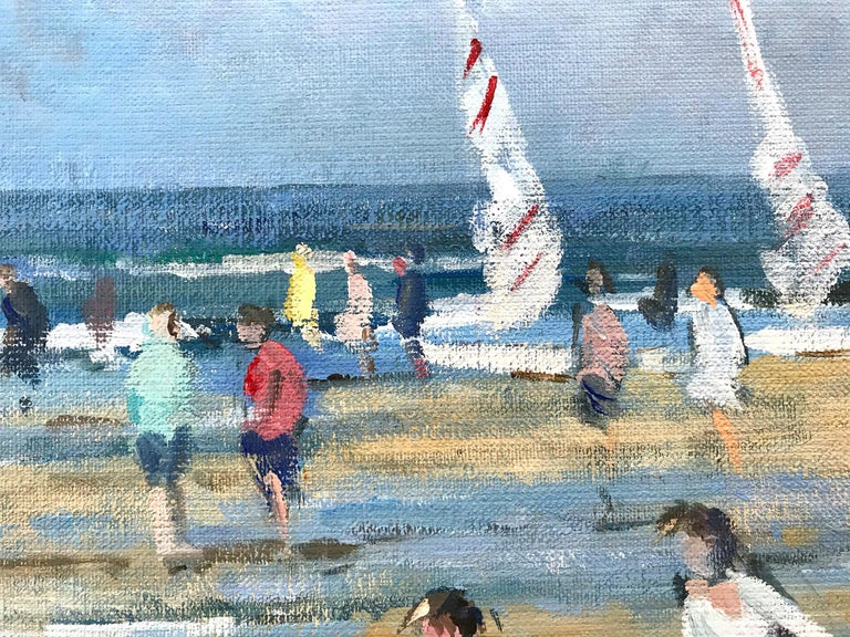 A wonderfully rich beach scene done in Zandvoort Holland in the Mid-20th Century depicting figures in the sand. Some figures are by the water with sailboats as kids play in the distance. The impressionist details are greatly admired as Arie van