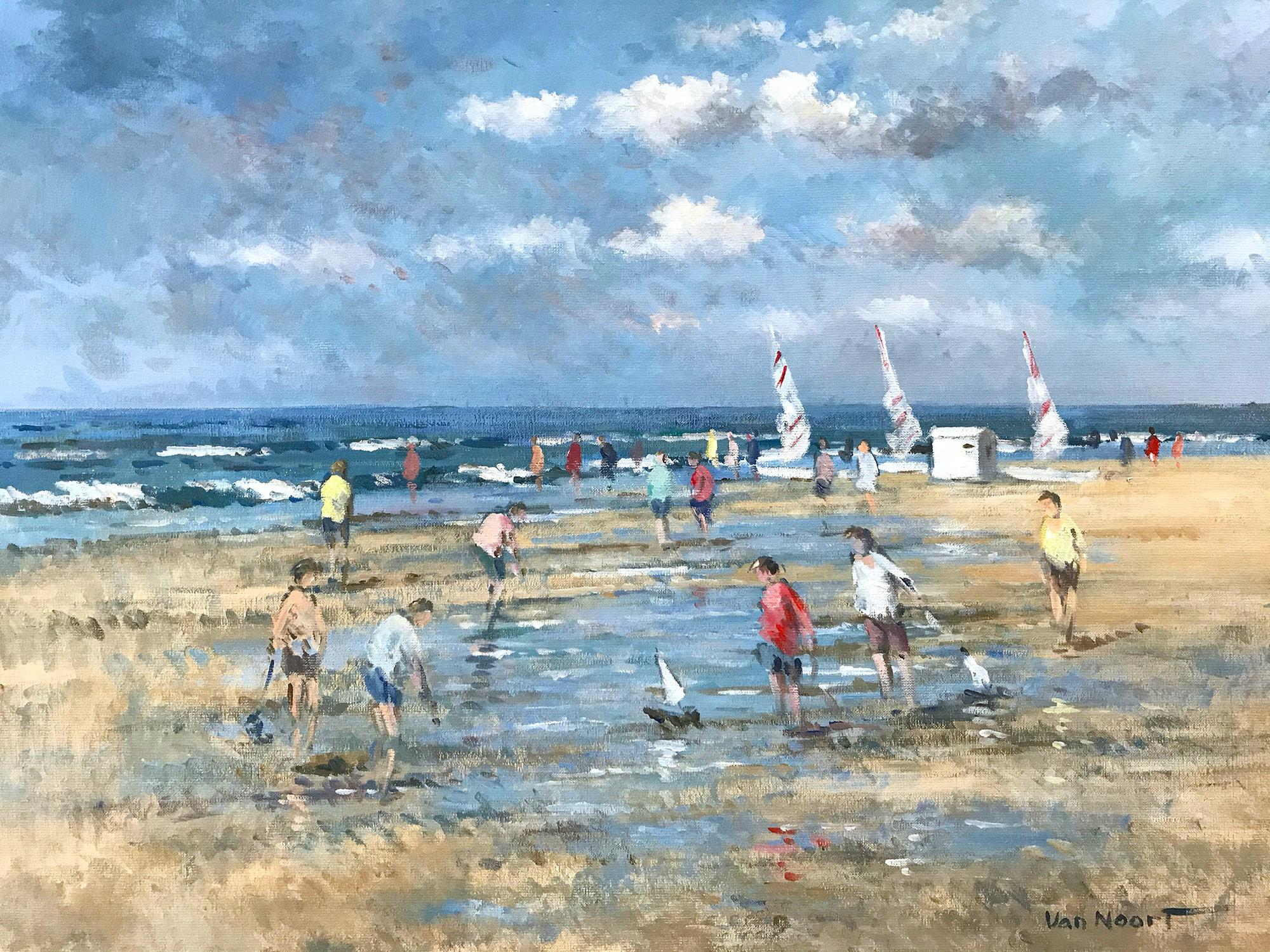 Impressionistisches Ölgemälde in Holzszene mit Figuren und Segelbooten, im Holland – Painting von Arie C. Van Noort