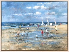 "Beach Scene with Figures and Sailboats" Impressionistic Oil Painting in Holland