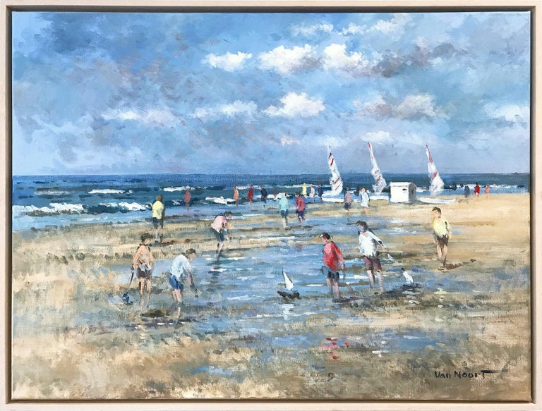 Arie C. Van Noort Landscape Painting - "Beach Scene with Figures and Sailboats" Impressionistic Oil Painting in Holland