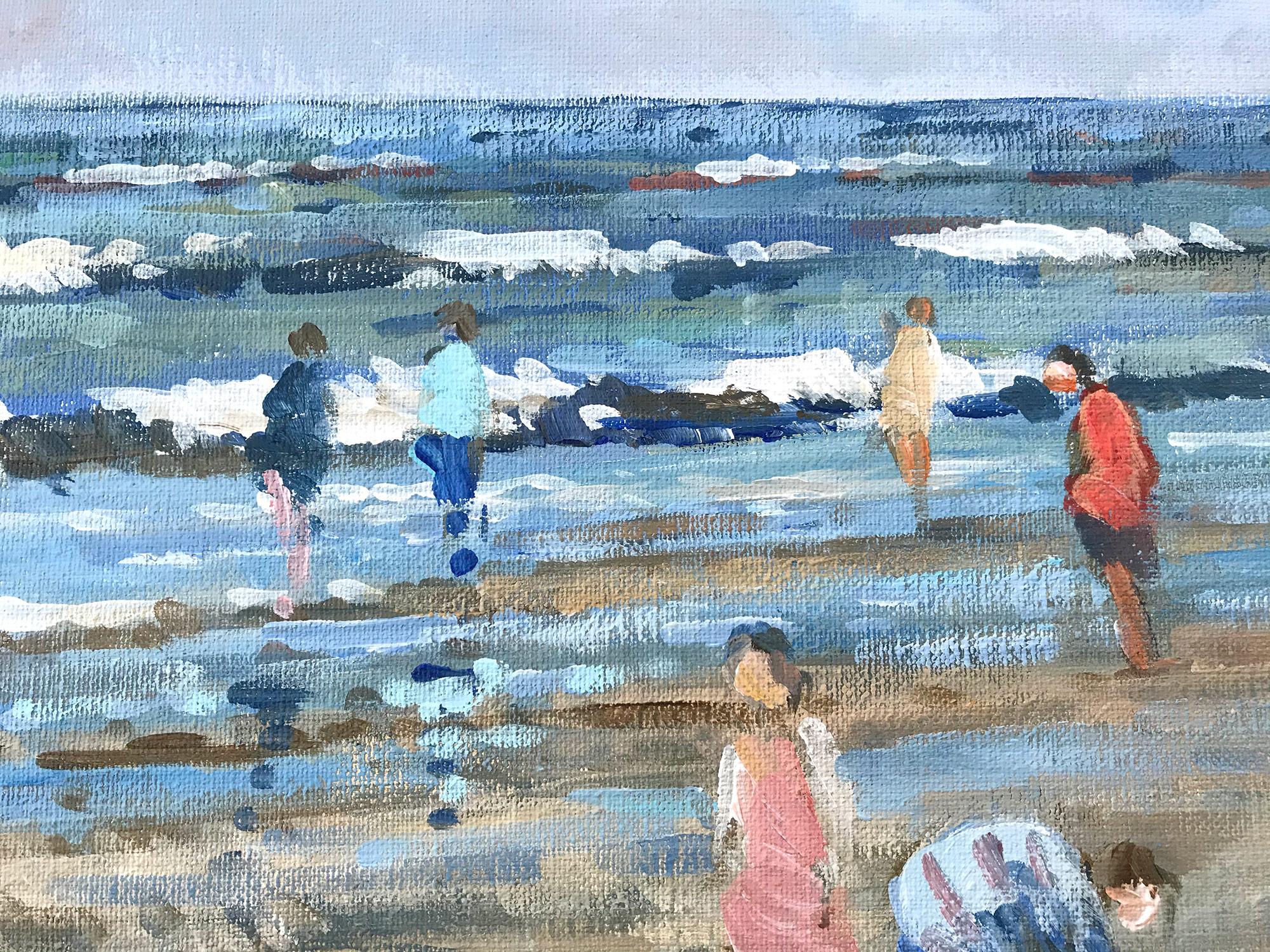 Una escena de playa maravillosamente rica realizada en Zandvoort, Holanda, a mediados del siglo XX, que representa figuras en la arena. Algunas figuras están junto al agua mientras los niños juegan a lo lejos. Los detalles impresionistas son muy