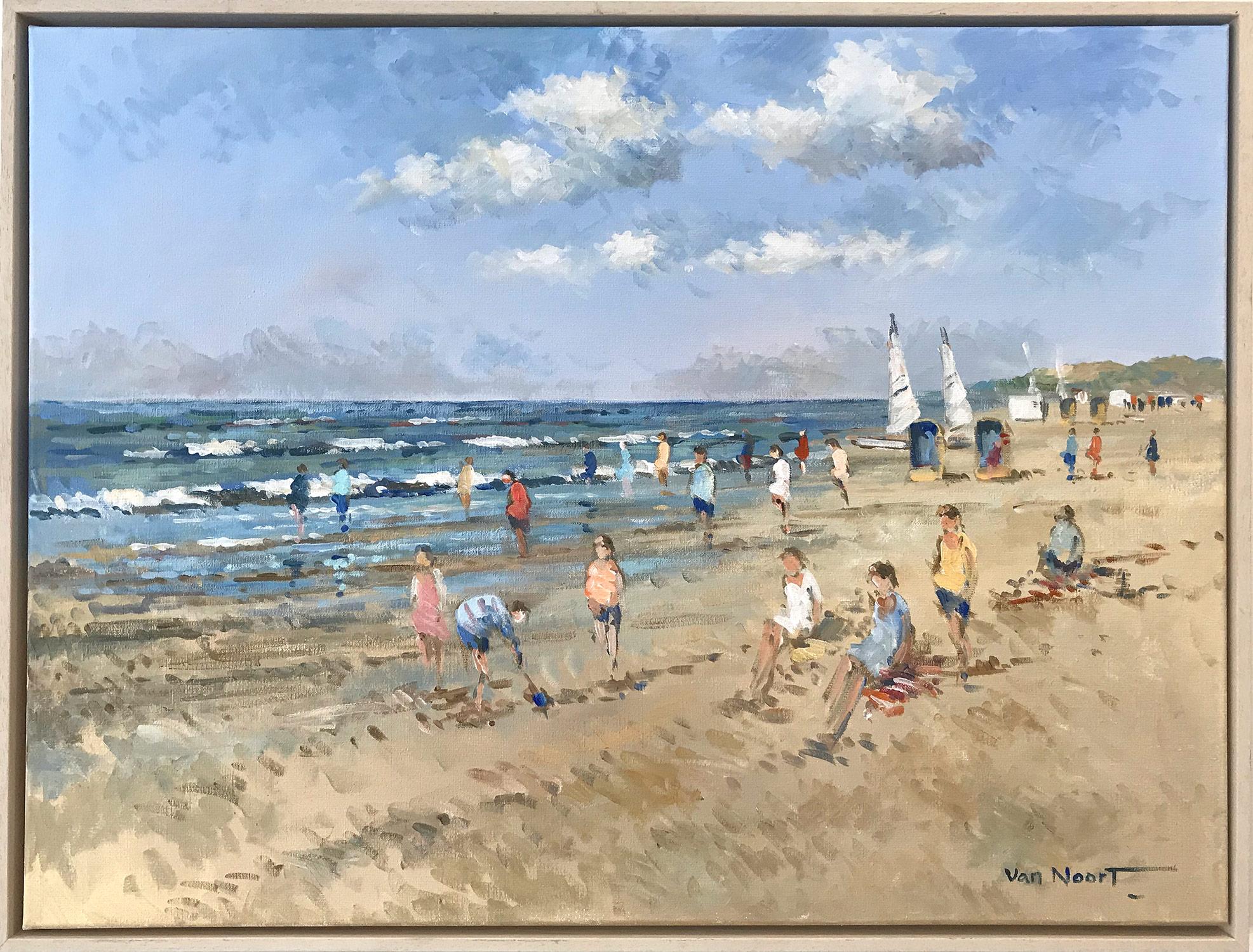 Figurative Painting de Arie C. Van Noort - "Escena de playa con figuras" Pintura al óleo impresionista en Zandvoort Holanda