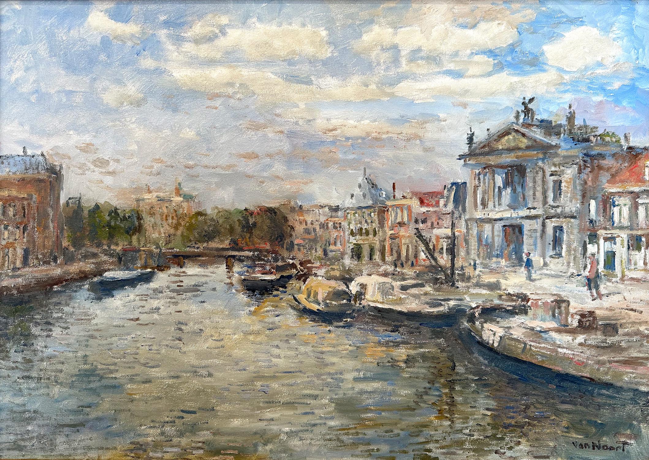 Impressionistisches Ölgemälde auf Leinwand „Spaarne te Haarlem“ von Spaarne te Haarlem, Niederländischer Kanal – Painting von Arie C. Van Noort