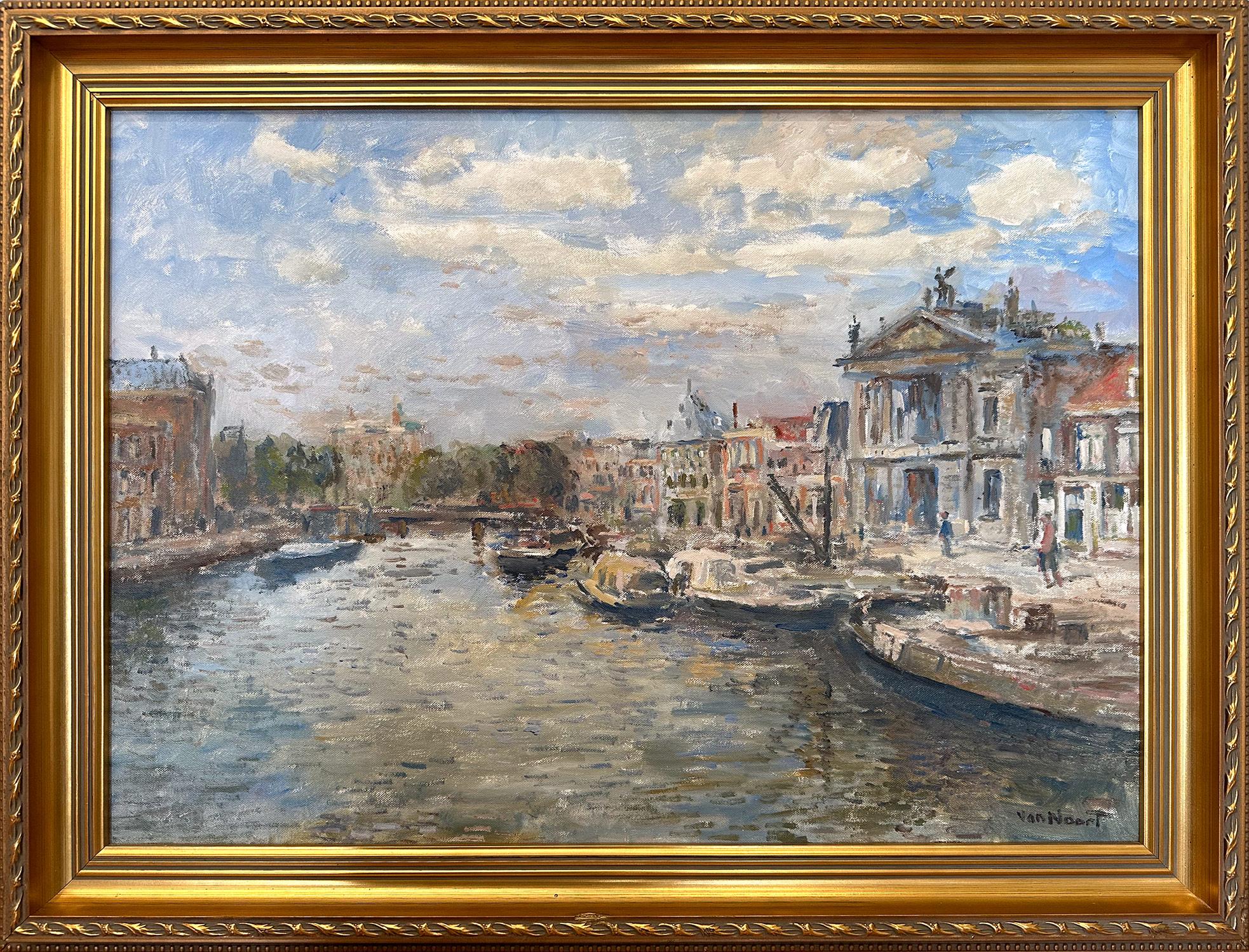 Arie C. Van Noort Figurative Painting - "Spaarne te Haarlem" Impressionistic Oil Painting on Canvas of Netherlands Canal