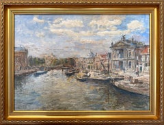 Vintage "Spaarne te Haarlem" Impressionistic Oil Painting on Canvas of Netherlands Canal