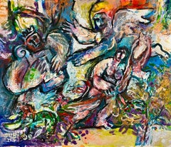 Judaica israelí Pintura original El rey David y el ángel Artista polaco Arie Dubi