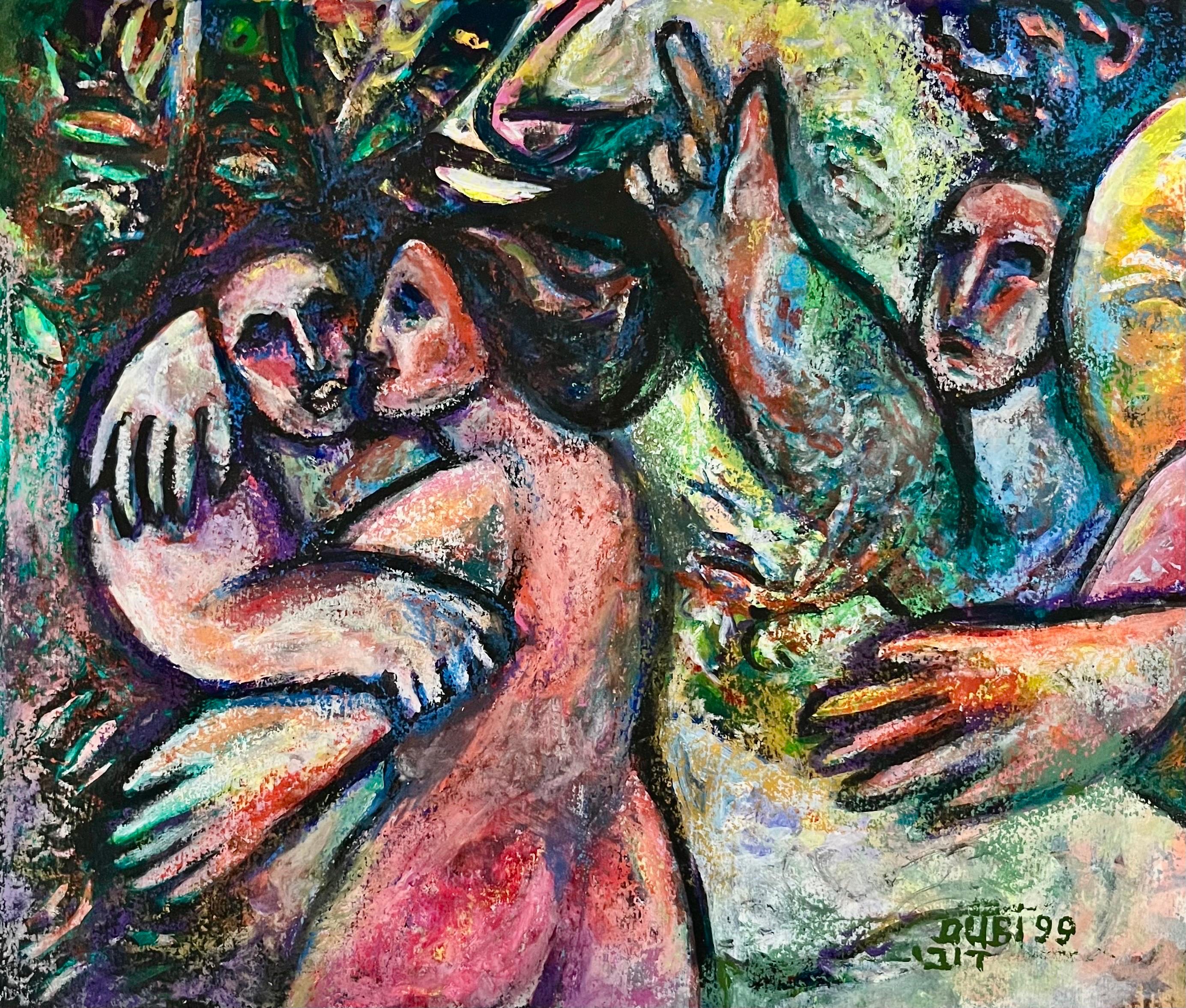 Peinture judaïque originale d'Arie Dubi, artiste polonaise, Les amoureux dans un jardin
