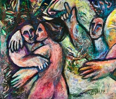 Vintage Israeli Judaica Original Painting "The Lovers" in Garden Polish Artist Arie Dubi