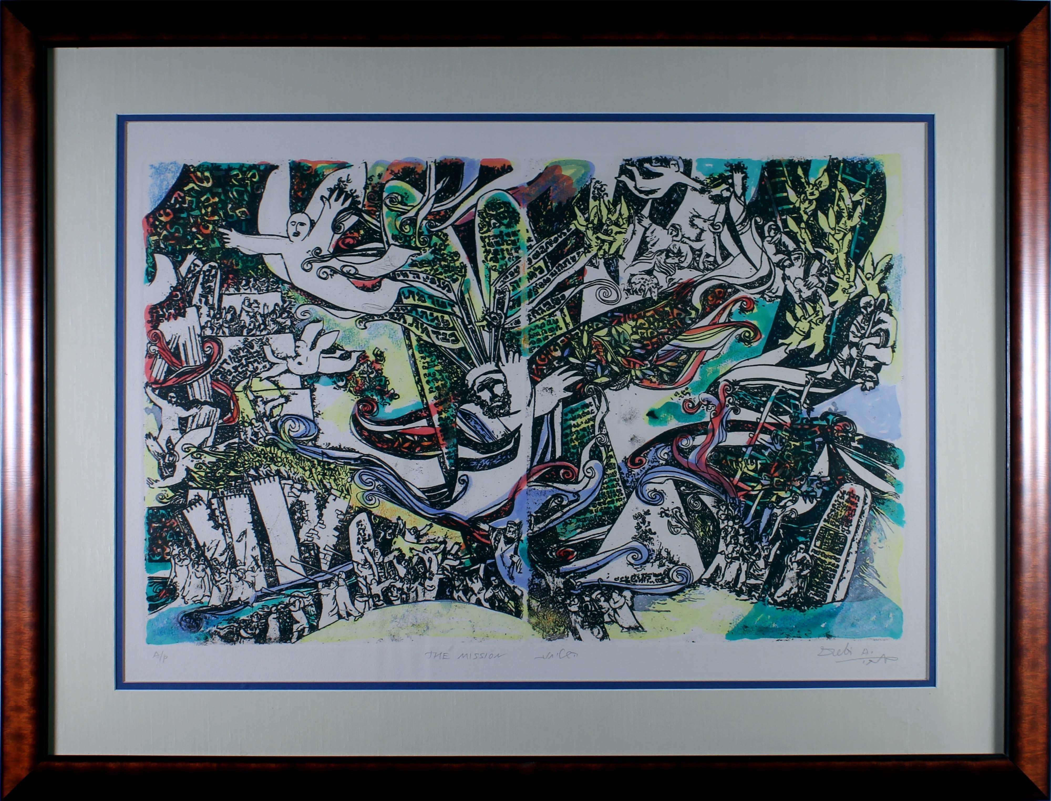 A powerful and moving contemporary Judaica lithograph titled “The Mission (Moses)” by Israeli artist Arie Dubi. Hand signed in pencil on the bottom right, with an AP annotation bottom left, and titled mid bottom. Dubi Arie was born in Poland in